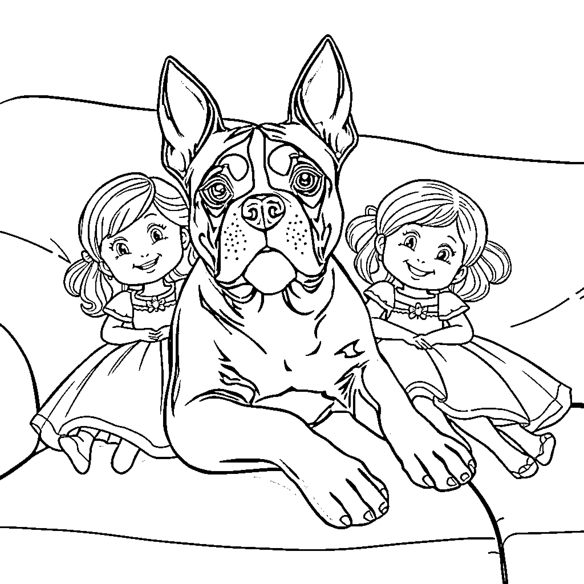 American Staffordshire Terrier with two playful children Coloring Page (free black-and-white line drawing printable PDF for all, from beginners to advanced learners, including children, teens, adults, and seniors)