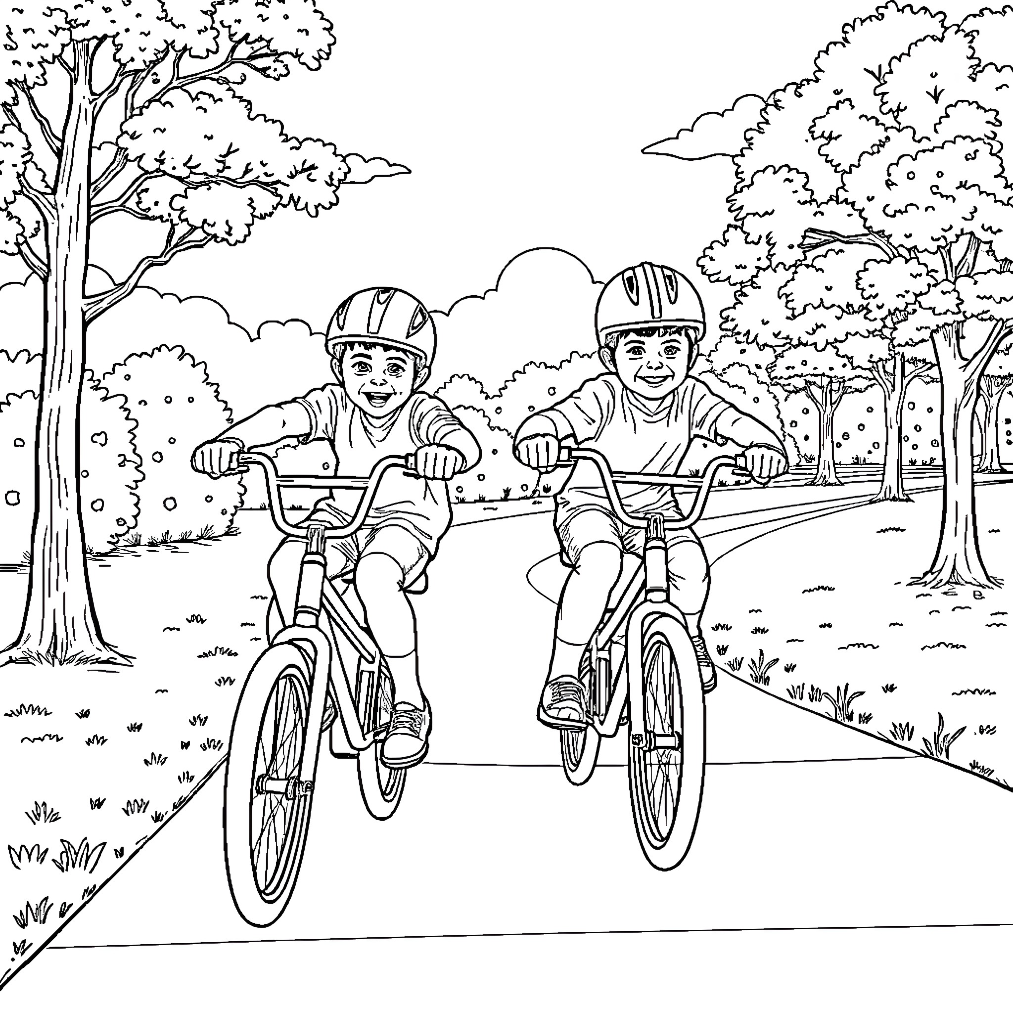 Boys Riding Bicycles on a Scenic Trail Coloring Page (free black-and-white line drawing printable PDF for all, from beginners to advanced learners, including children, teens, adults, and seniors)