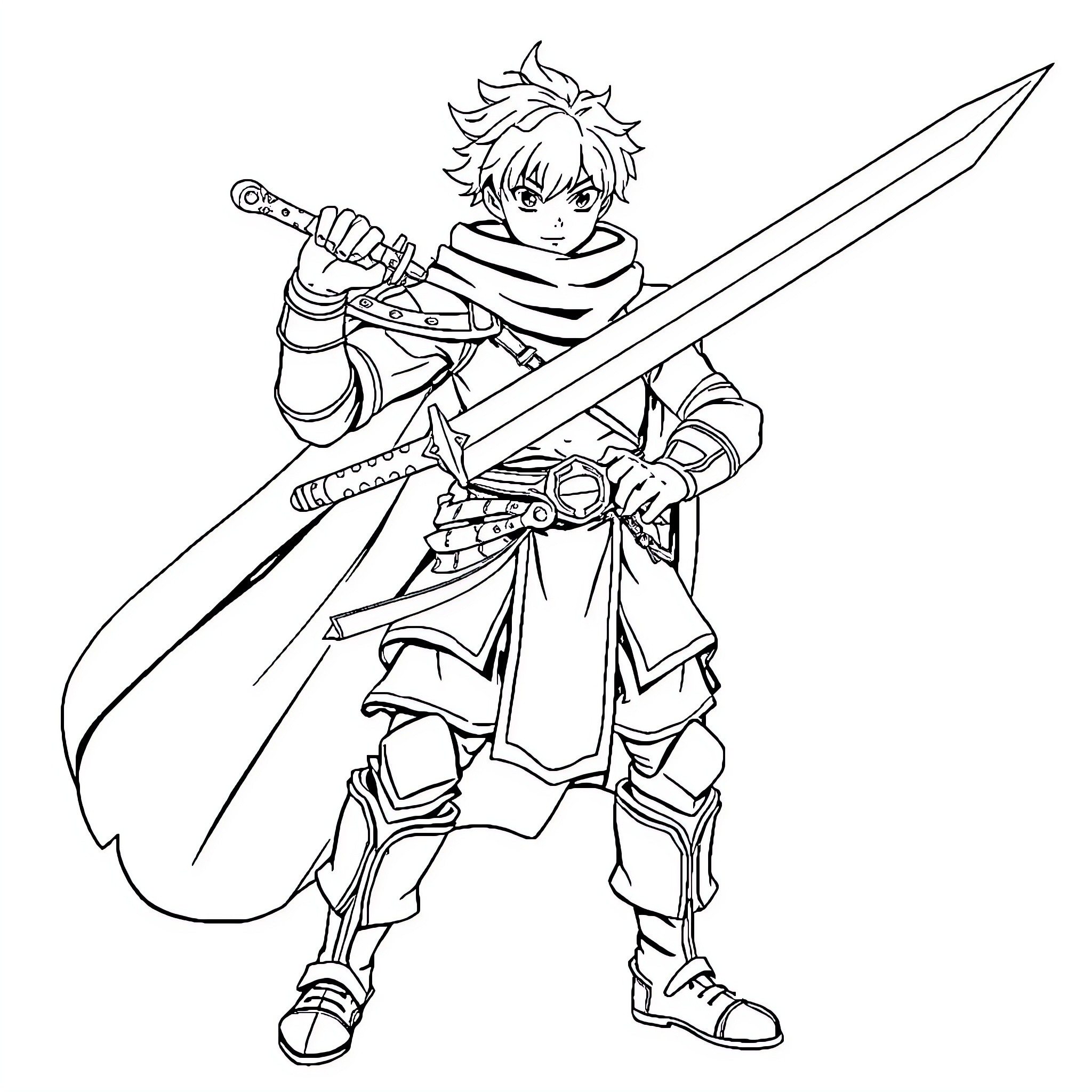 Roy's Heroic Swordplay Adventure Coloring Page (free black-and-white line drawing printable PDF for all, from beginners to advanced learners, including children, teens, adults, and seniors)