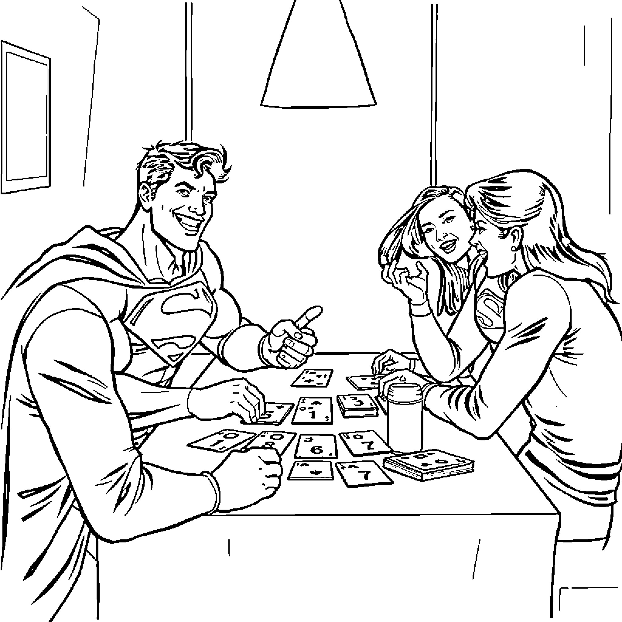Superman playing card games with friends at a table Coloring Page (free black-and-white line drawing printable PDF for all, from beginners to advanced learners, including children, teens, adults, and seniors)