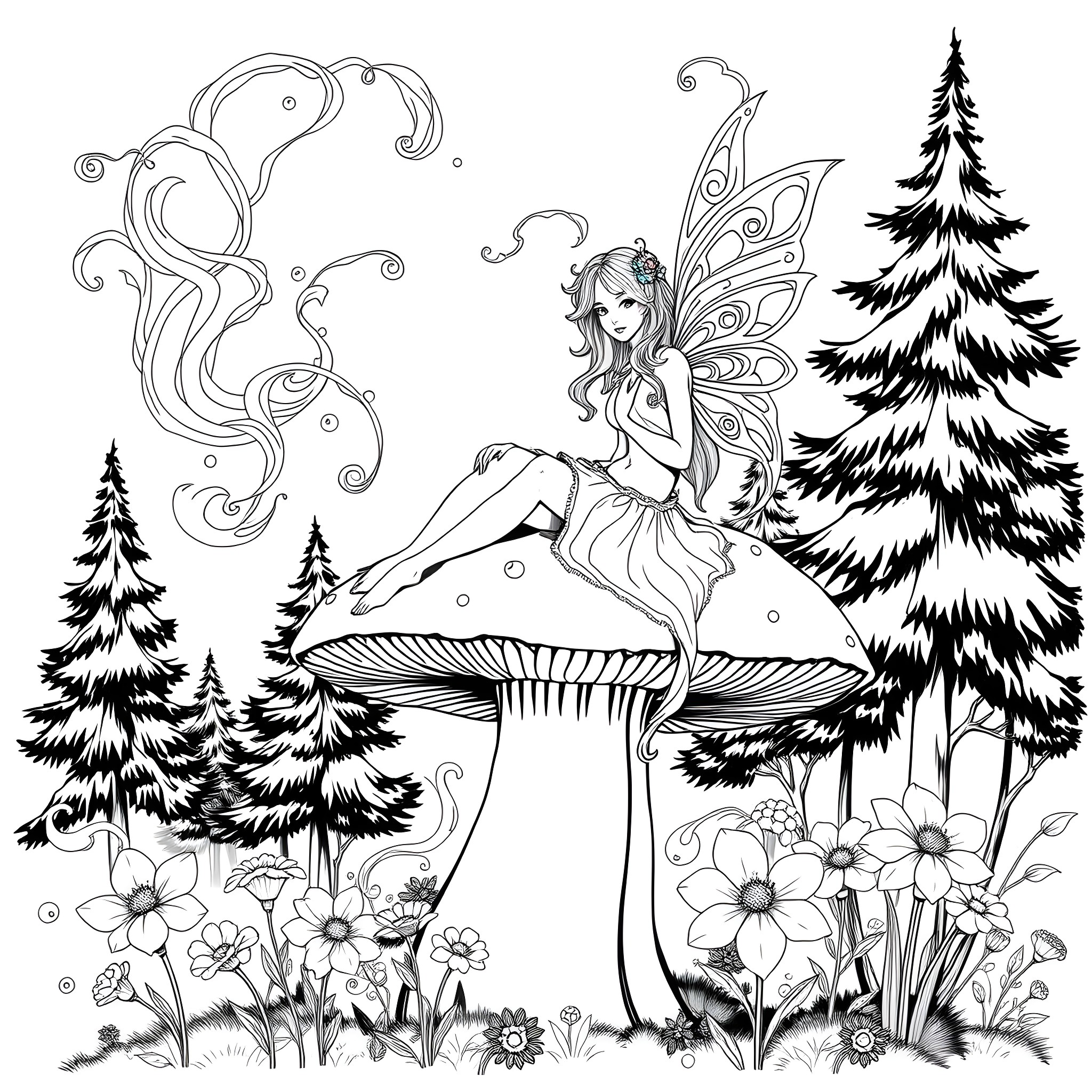 Fairy sitting on mushroom in the enchanted forest Coloring Page (free black-and-white line drawing printable PDF for all, from beginners to advanced learners, including children, teens, adults, and seniors)