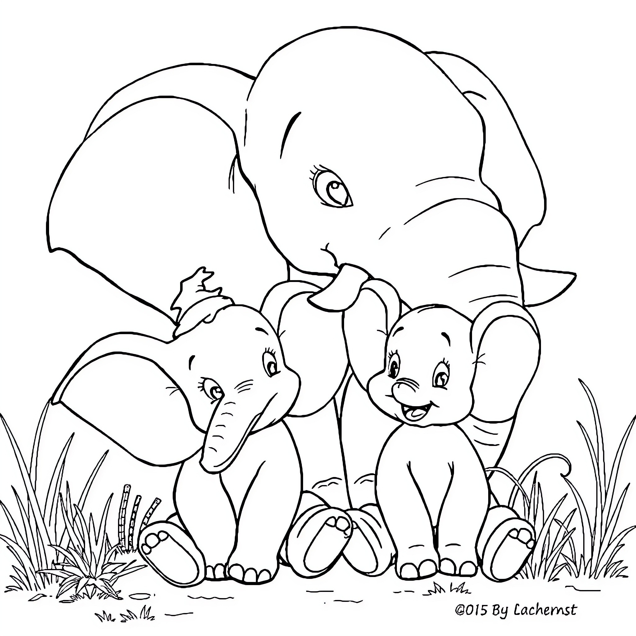 Dumbo and Baby Elephants Exploring Nature Coloring Page (free black-and-white line drawing printable PDF for all, from beginners to advanced learners, including children, teens, adults, and seniors)
