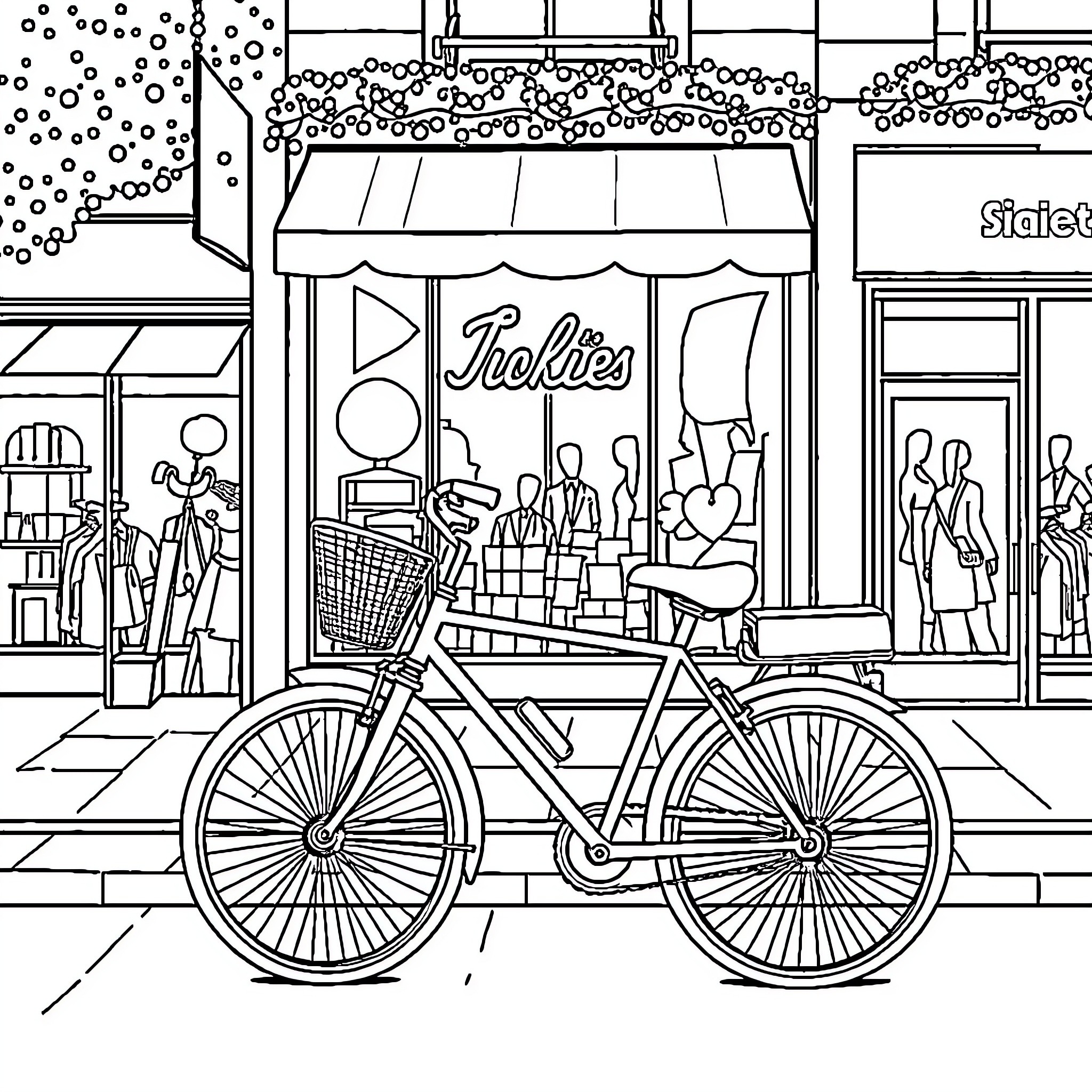 Bicycle parked outside a shop in a city street Coloring Page (free black-and-white line drawing printable PDF for all, from beginners to advanced learners, including children, teens, adults, and seniors)
