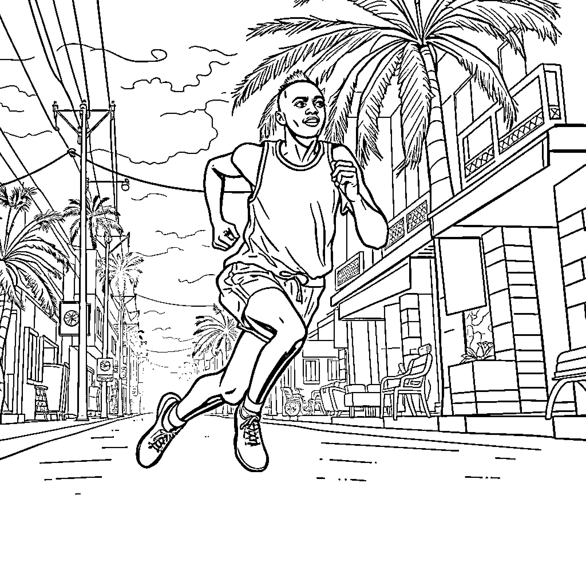 Runner jogging through a tropical city street Coloring Page (free black-and-white line drawing printable PDF for all, from beginners to advanced learners, including children, teens, adults, and seniors)