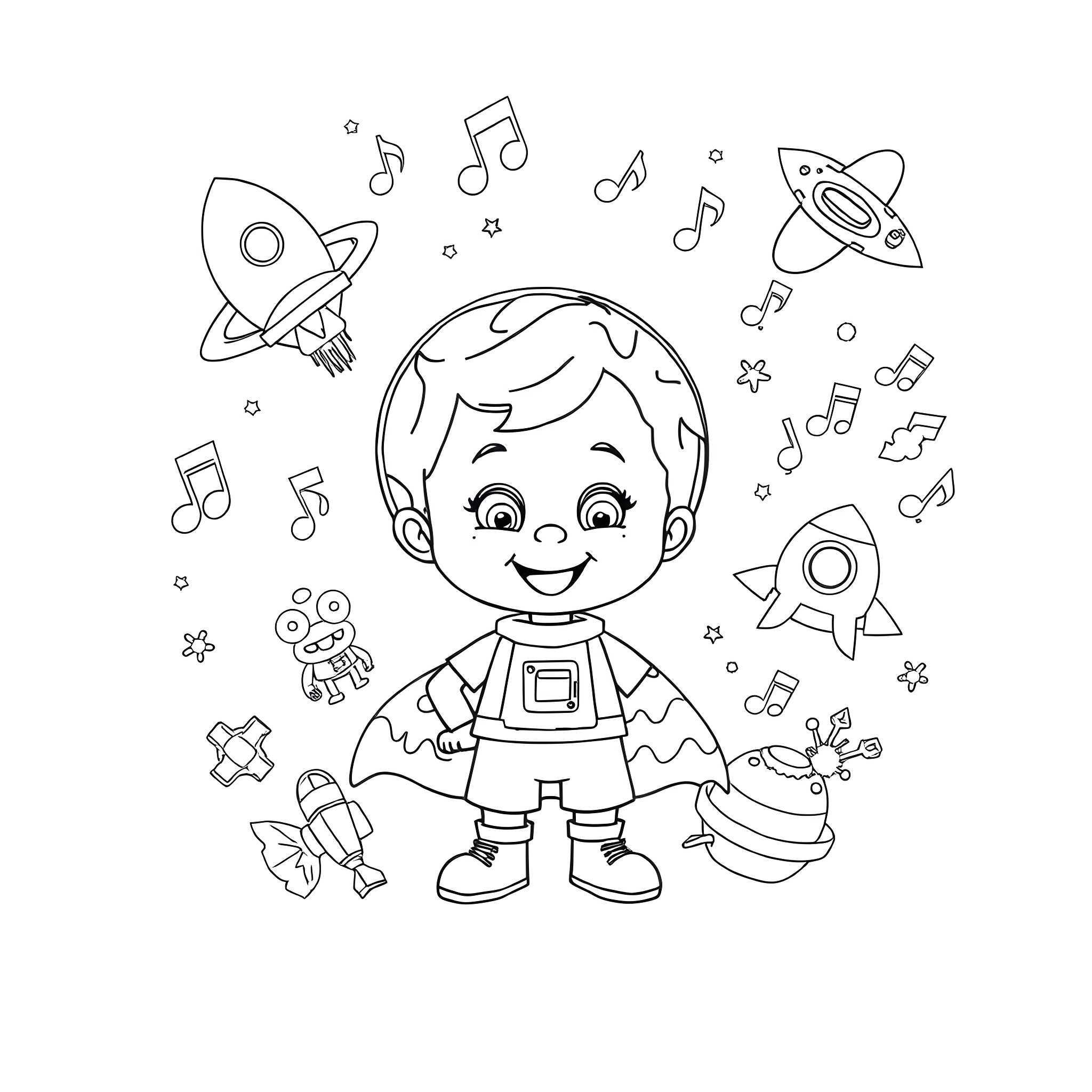 Einstein's imaginative space adventure with music notes Coloring Page (free black-and-white line drawing printable PDF for all, from beginners to advanced learners, including children, teens, adults, and seniors)
