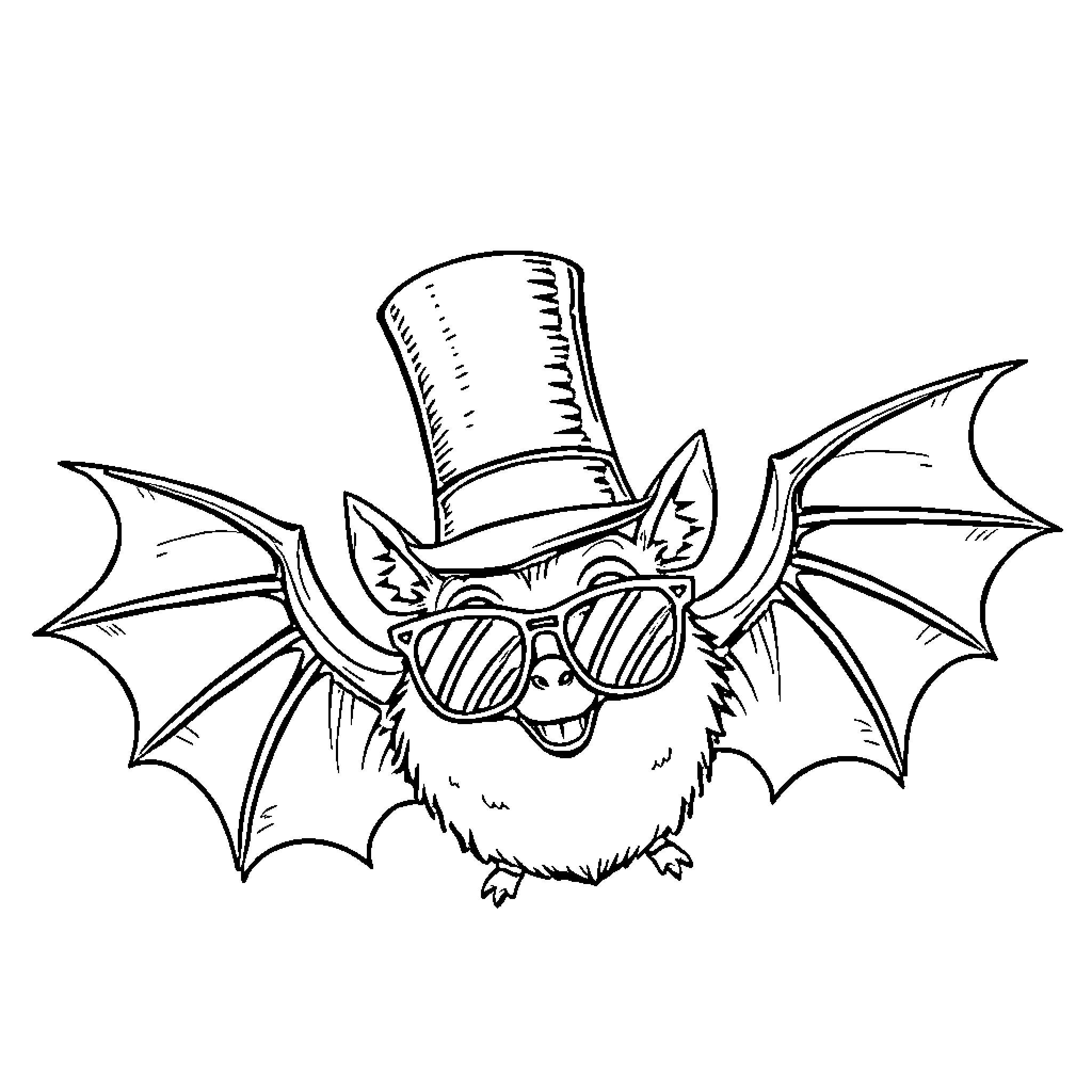 Bat wearing stylish top hat and sunglasses Coloring Page (free black-and-white line drawing printable PDF for all, from beginners to advanced learners, including children, teens, adults, and seniors)