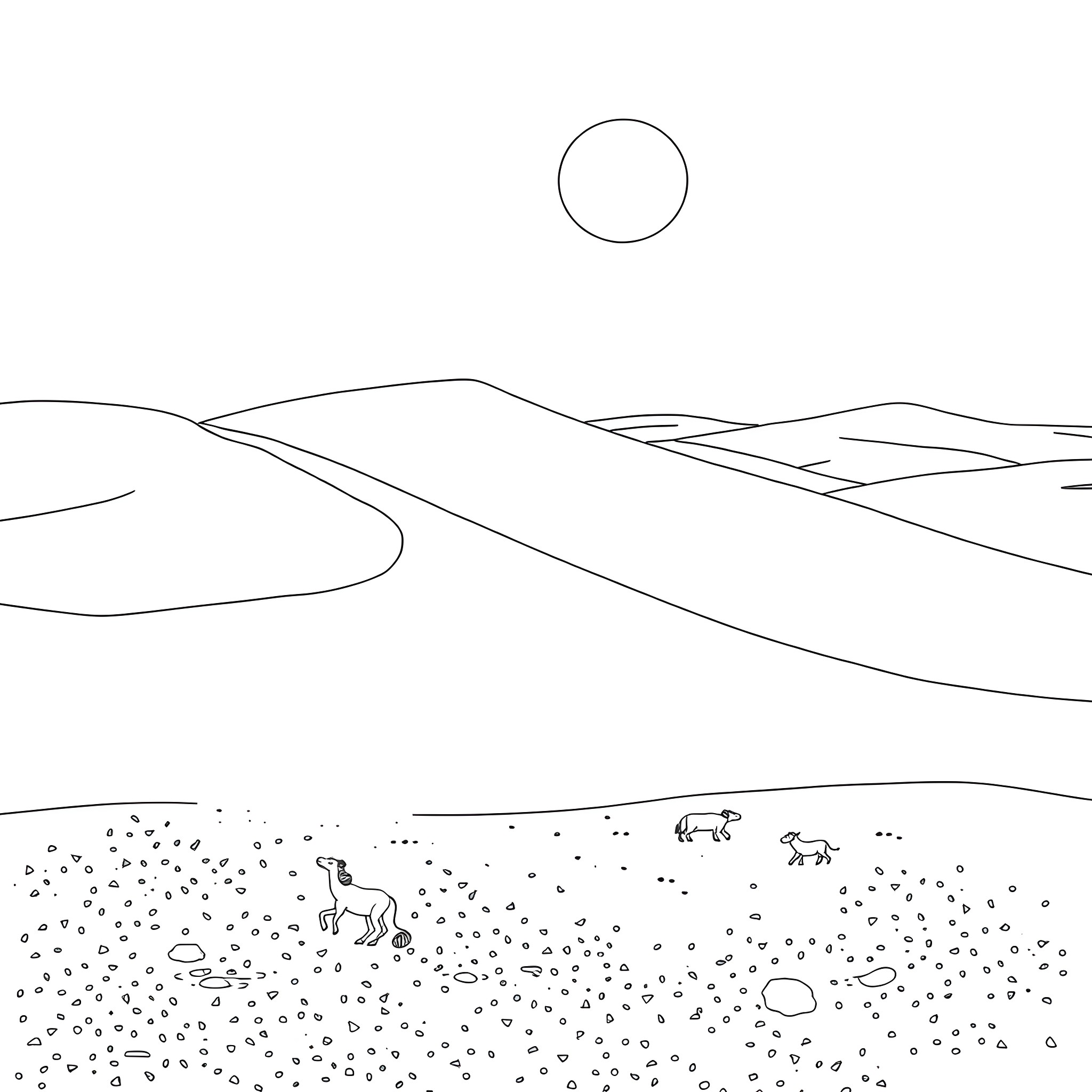 Cocomelon characters exploring a desert landscape Coloring Page (free black-and-white line drawing printable PDF for all, from beginners to advanced learners, including children, teens, adults, and seniors)