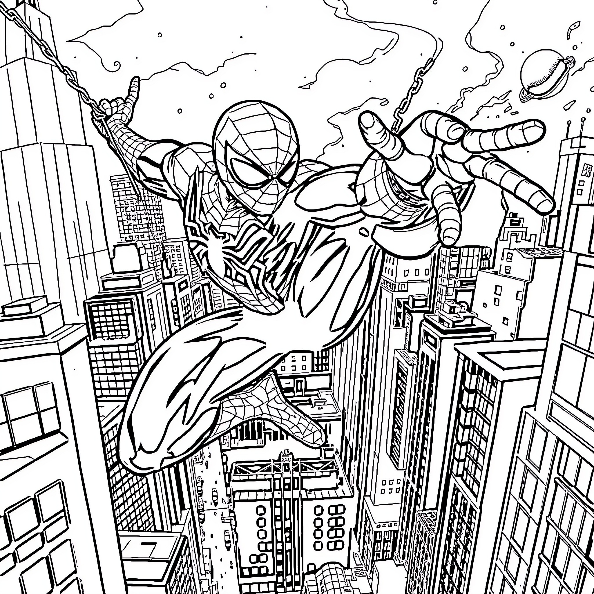 Spider-Man swinging through the city skyline Coloring Page (free black-and-white line drawing printable PDF for all, from beginners to advanced learners, including children, teens, adults, and seniors)