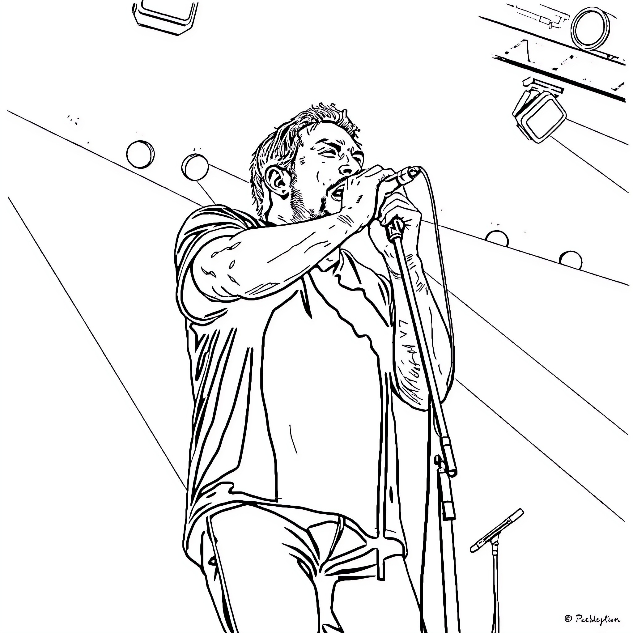Maynard James Keenan performing on stage Coloring Page (free black-and-white line drawing printable PDF for all, from beginners to advanced learners, including children, teens, adults, and seniors)