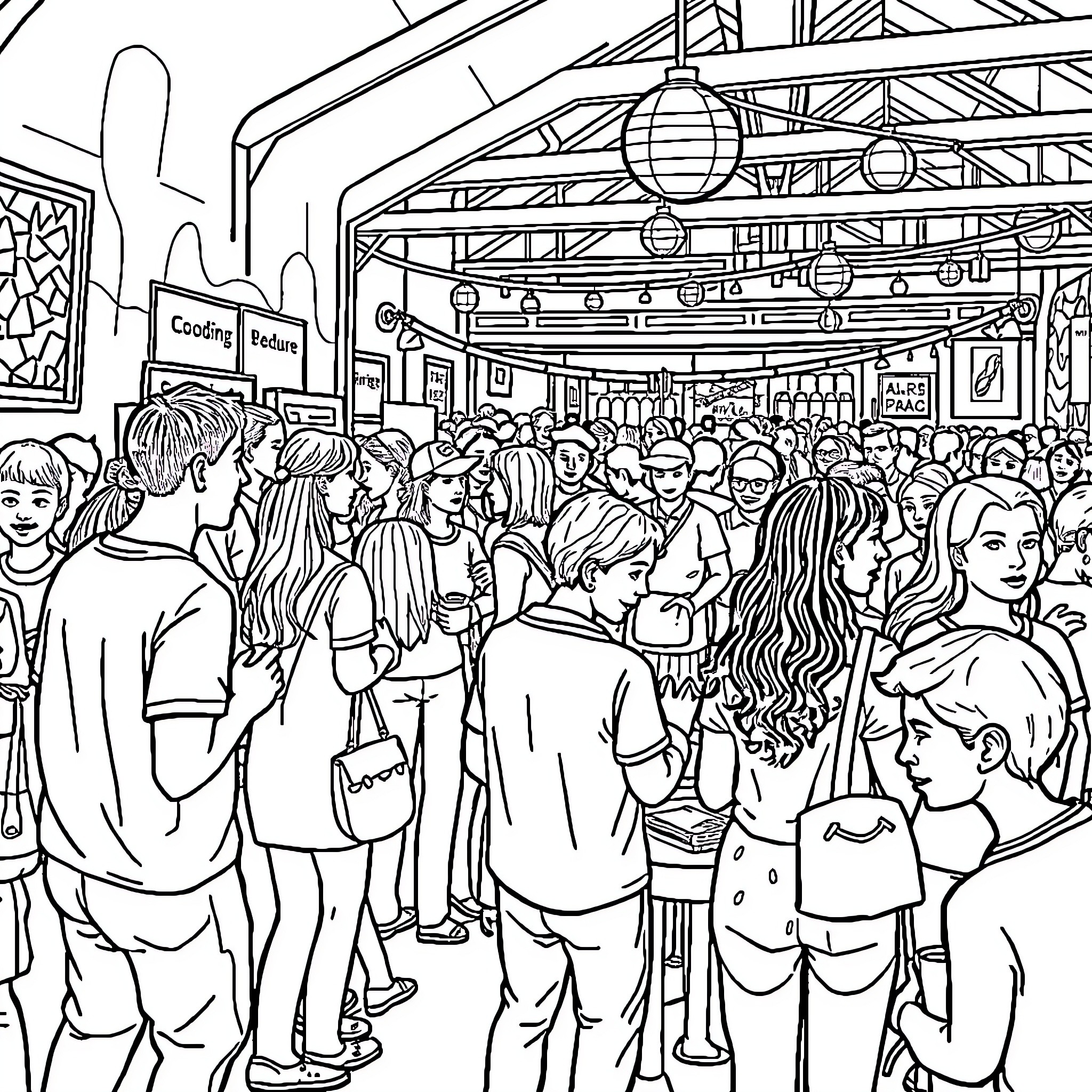 SEL People Gathering in Busy Public Space Coloring Page (free black-and-white line drawing printable PDF for all, from beginners to advanced learners, including children, teens, adults, and seniors)