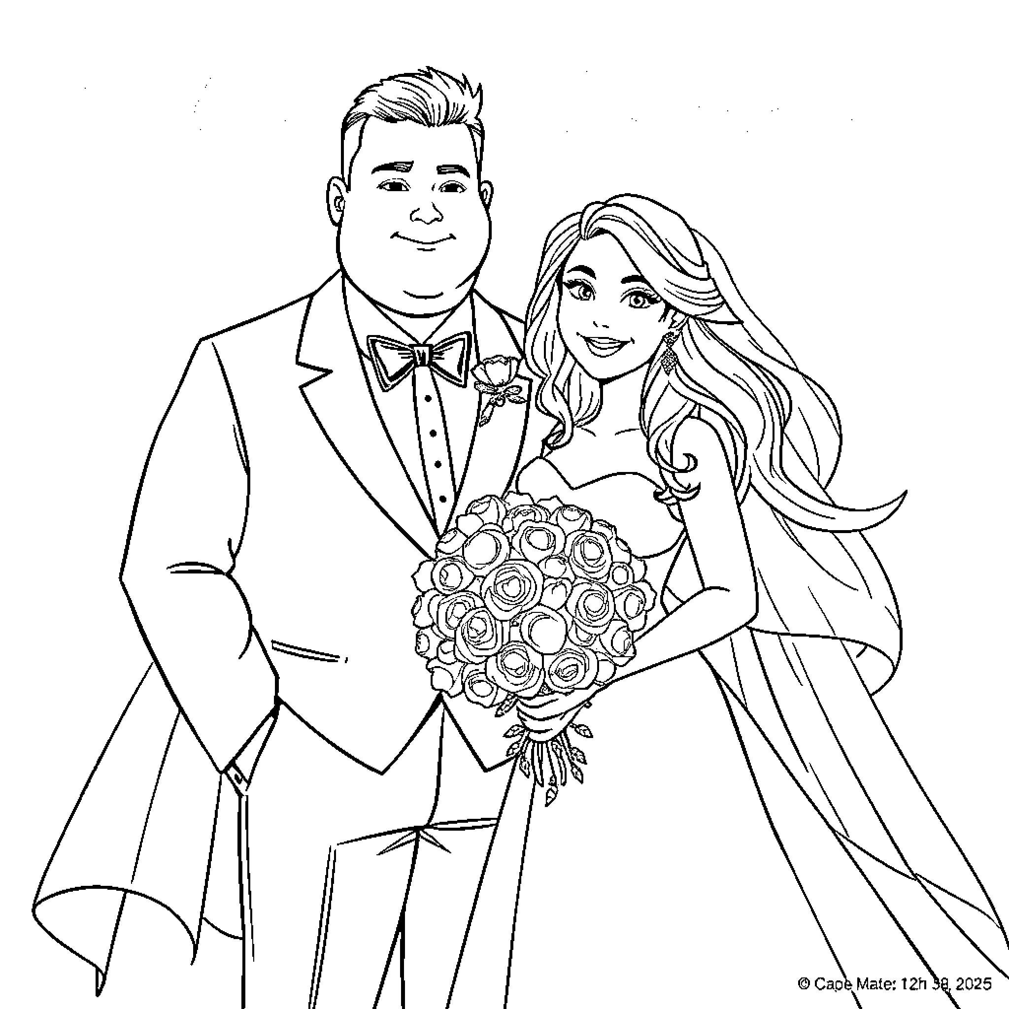 Bride and Groom in Formal Attire with Bouquet Coloring Page (free black-and-white line drawing printable PDF for all, from beginners to advanced learners, including children, teens, adults, and seniors)