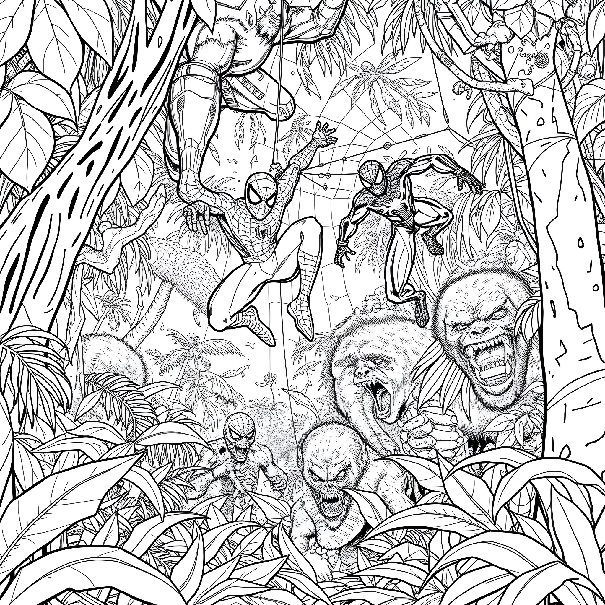 Spiderman Battles Villains in a Jungle Setting Coloring Page (free black-and-white line drawing printable PDF for all, from beginners to advanced learners, including children, teens, adults, and seniors)