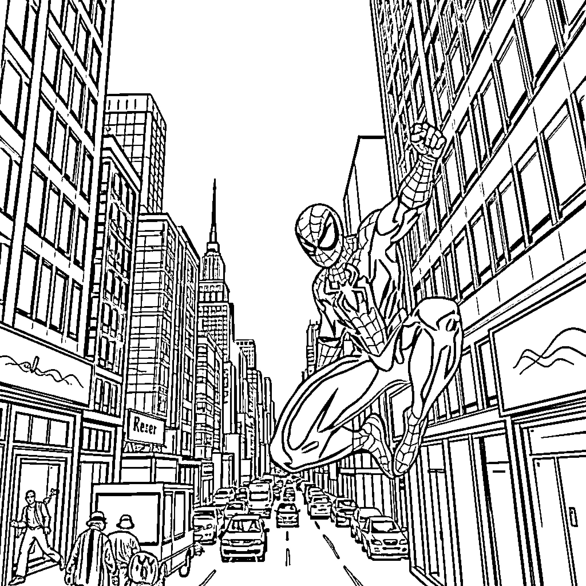 Spiderman swinging through the city skyline Coloring Page (free black-and-white line drawing printable PDF for all, from beginners to advanced learners, including children, teens, adults, and seniors)