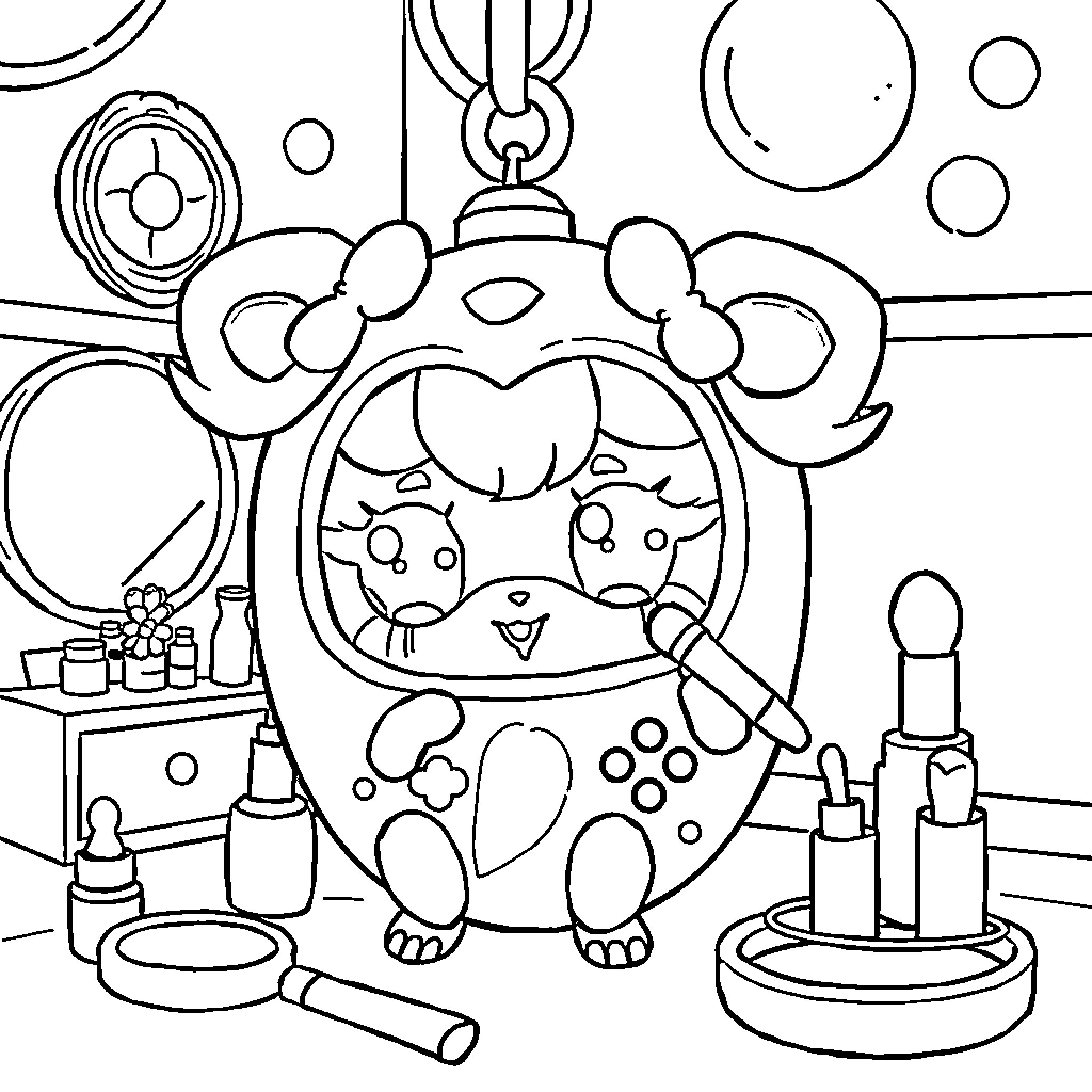 Tamagotchi character in a playful makeup scene Coloring Page (free black-and-white line drawing printable PDF for all, from beginners to advanced learners, including children, teens, adults, and seniors)