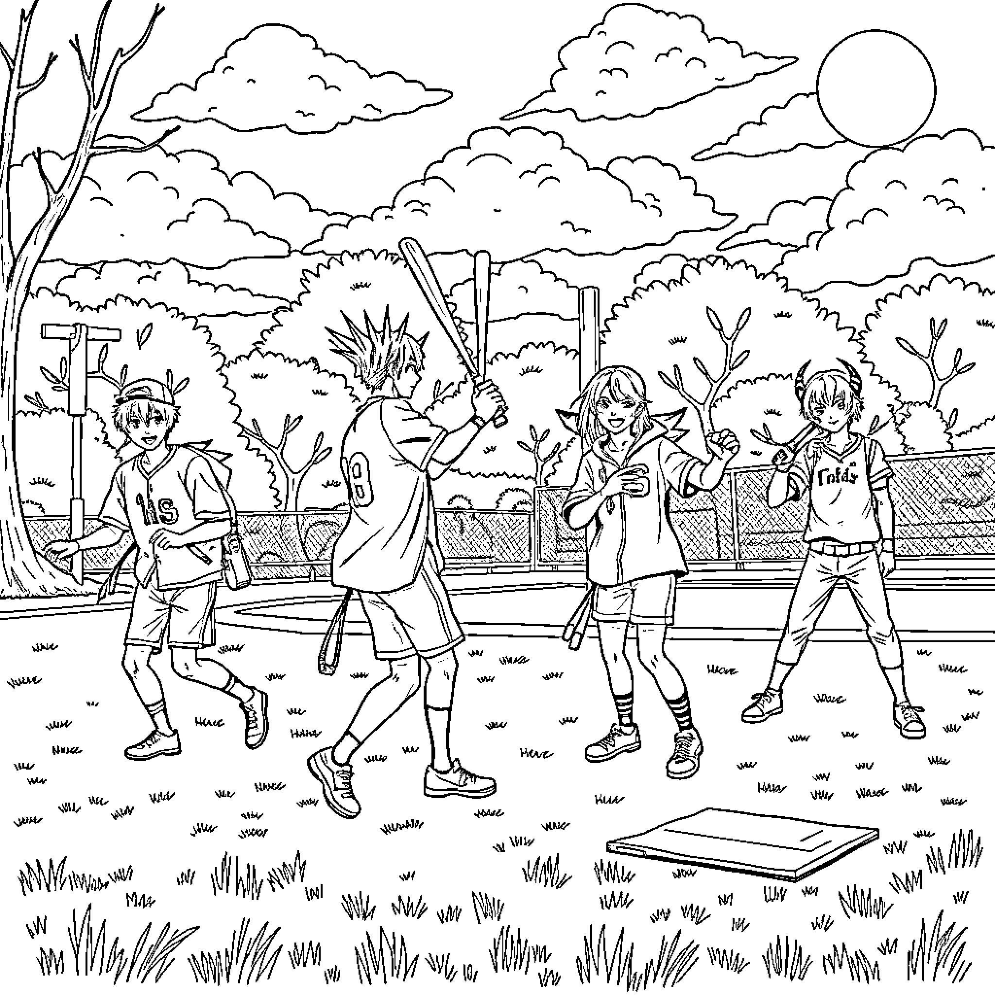 Demon Hunter Trio Battling in the Wilderness Coloring Page (free black-and-white line drawing printable PDF for all, from beginners to advanced learners, including children, teens, adults, and seniors)