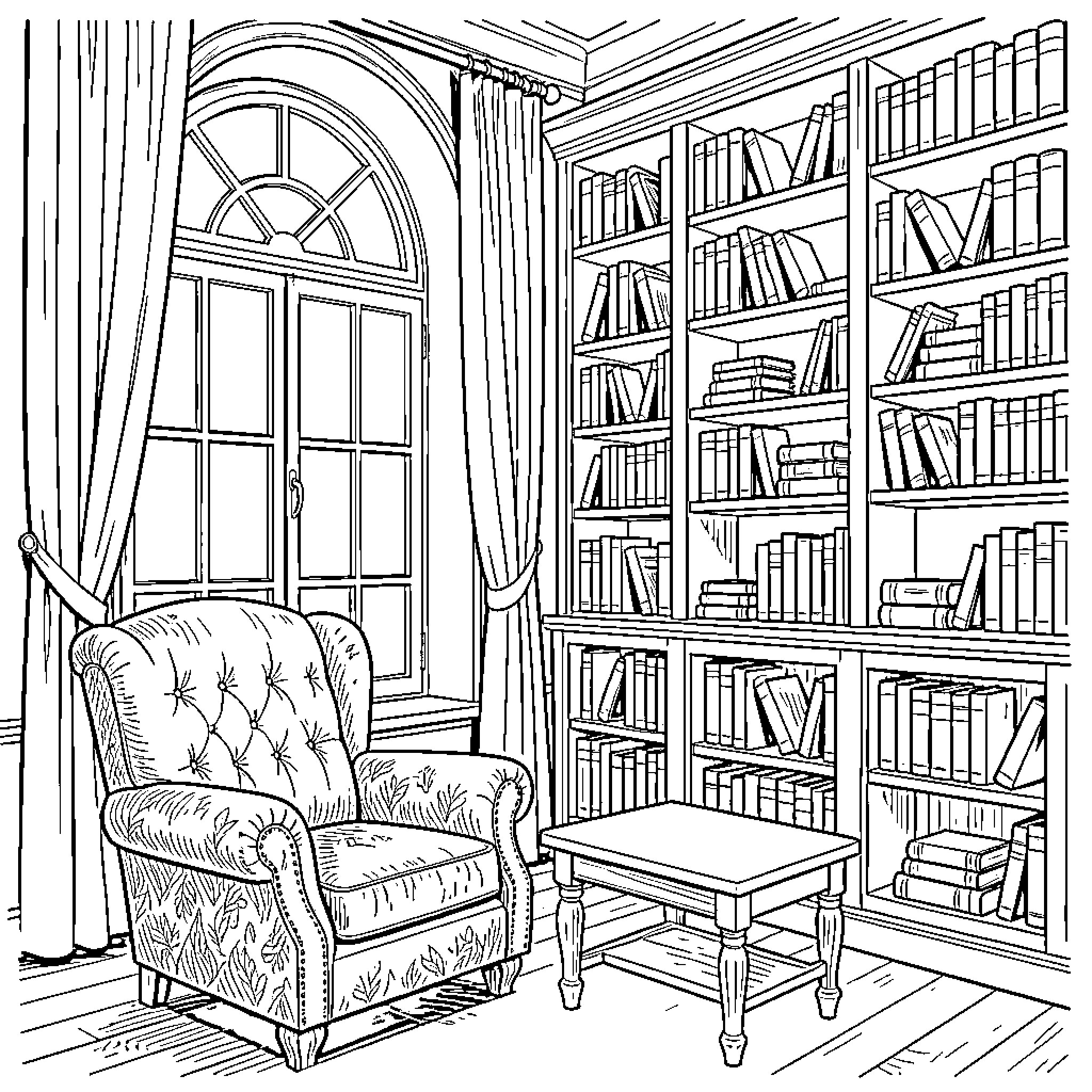 Window into a Cozy Library Nook Coloring Page (free black-and-white line drawing printable PDF for all, from beginners to advanced learners, including children, teens, adults, and seniors)