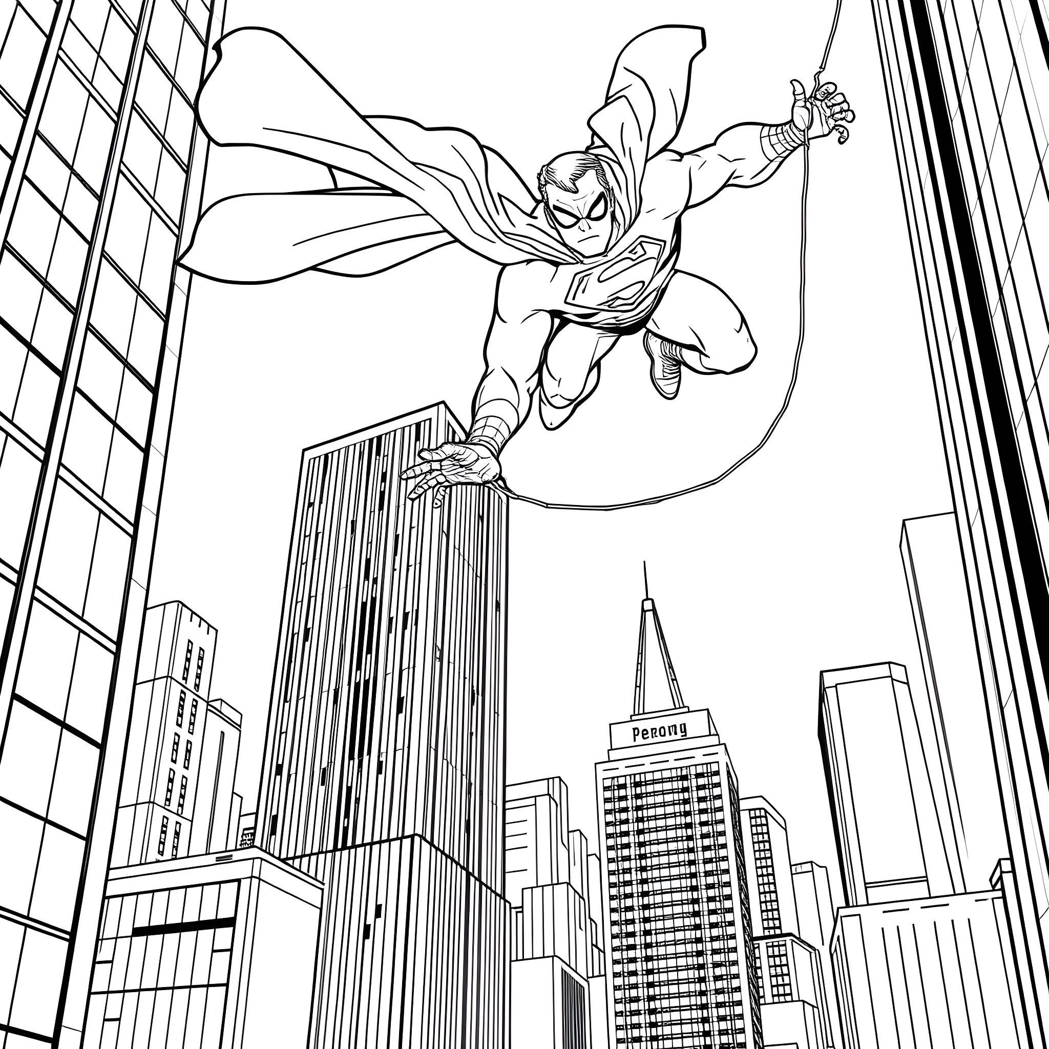 Superman Soaring through the Cityscape Coloring Page (free black-and-white line drawing printable PDF for all, from beginners to advanced learners, including children, teens, adults, and seniors)