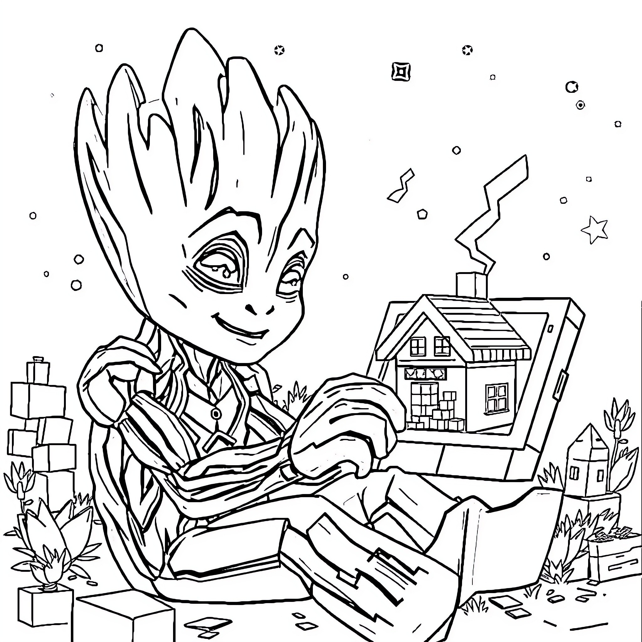 Groot exploring a whimsical scene with surprises Coloring Page (free black-and-white line drawing printable PDF for all, from beginners to advanced learners, including children, teens, adults, and seniors)