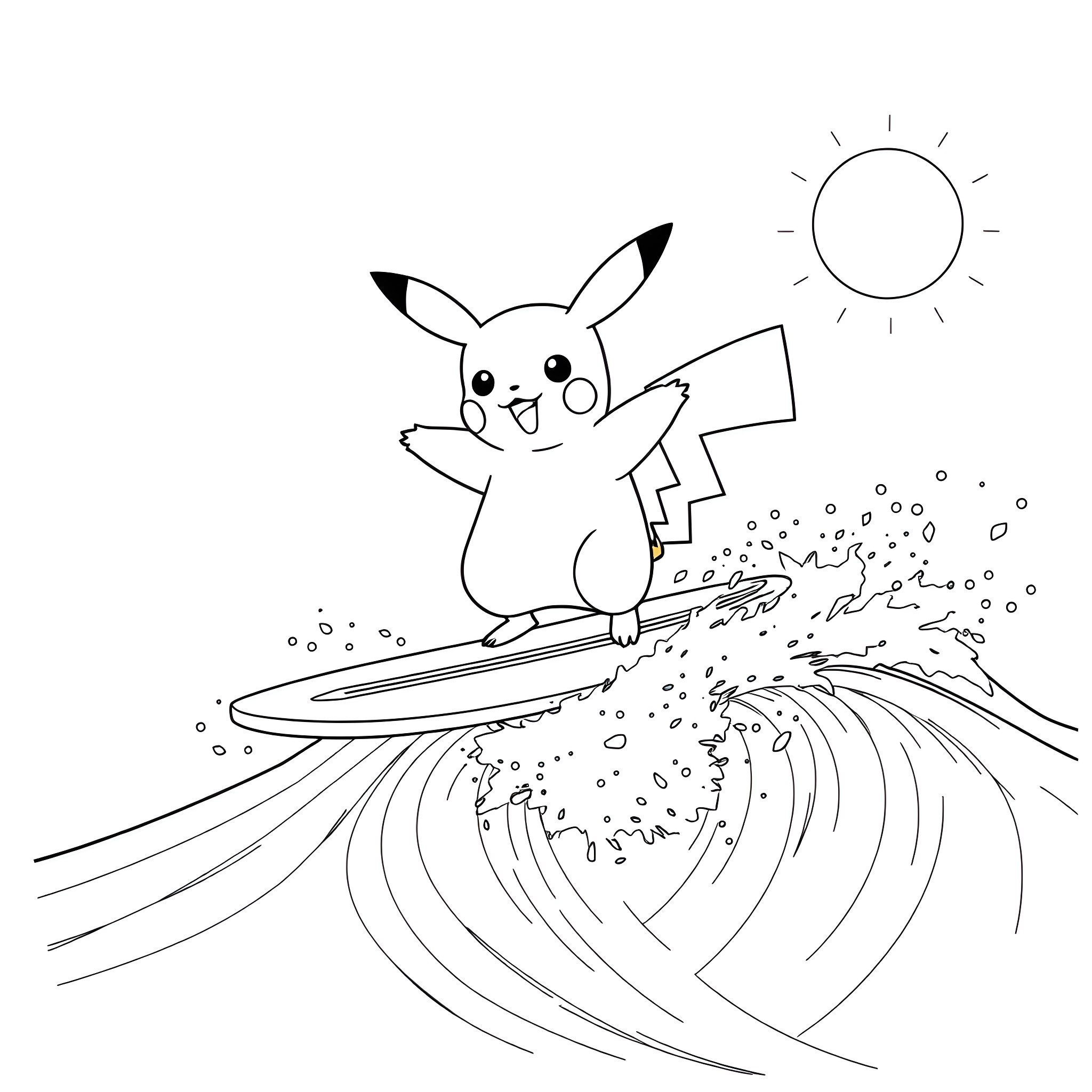Pikachu surfing on a giant wave Coloring Page (free black-and-white line drawing printable PDF for all, from beginners to advanced learners, including children, teens, adults, and seniors)