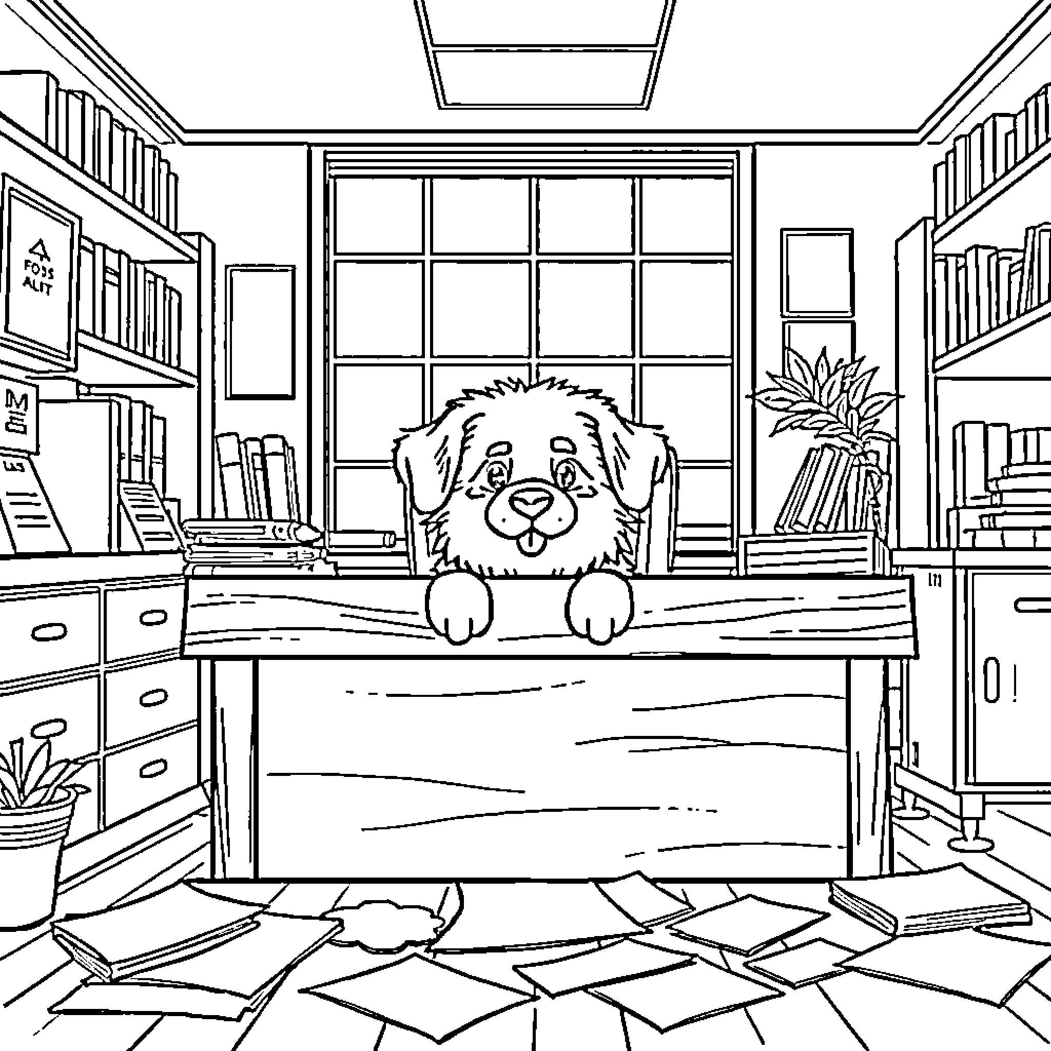 Dog peeking out from under desk in study Coloring Page (free black-and-white line drawing printable PDF for all, from beginners to advanced learners, including children, teens, adults, and seniors)