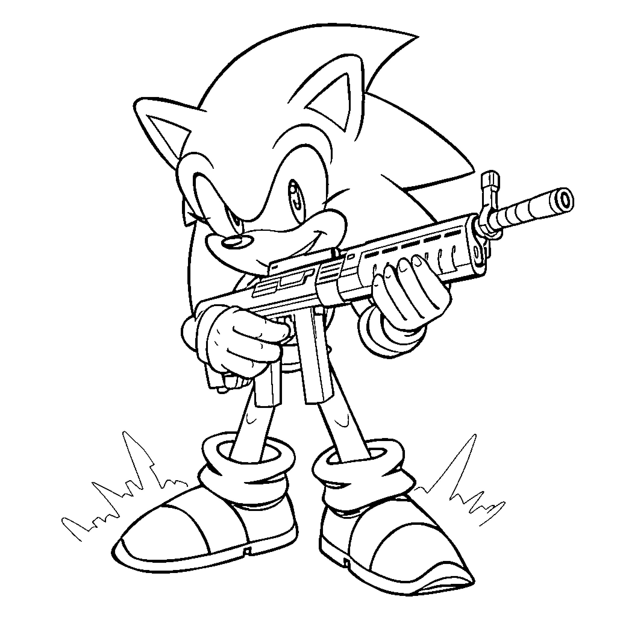 Sonic wielding a powerful weapon in action Coloring Page (free black-and-white line drawing printable PDF for all, from beginners to advanced learners, including children, teens, adults, and seniors)
