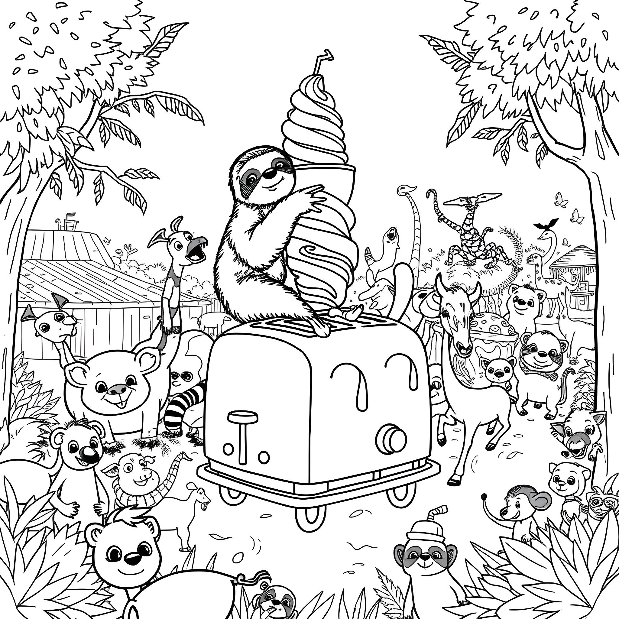 Sloth's Whimsical Adventure with Jungle Friends Coloring Page (free black-and-white line drawing printable PDF for all, from beginners to advanced learners, including children, teens, adults, and seniors)