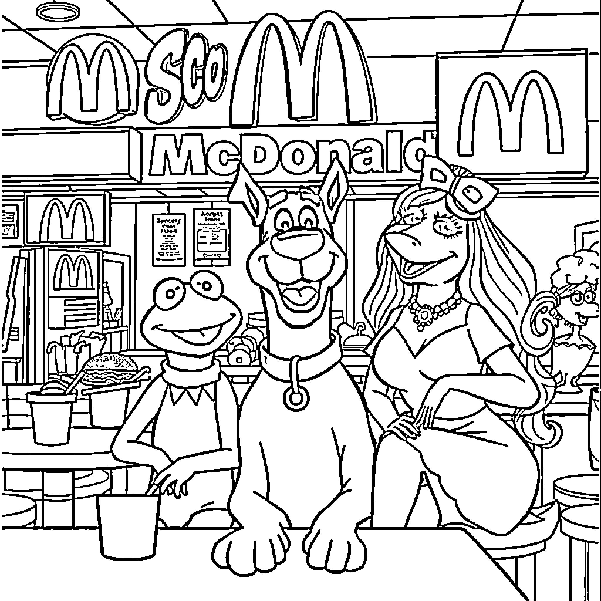 Scooby Doo and friends visit McDonald's Coloring Page (free black-and-white line drawing printable PDF for all, from beginners to advanced learners, including children, teens, adults, and seniors)