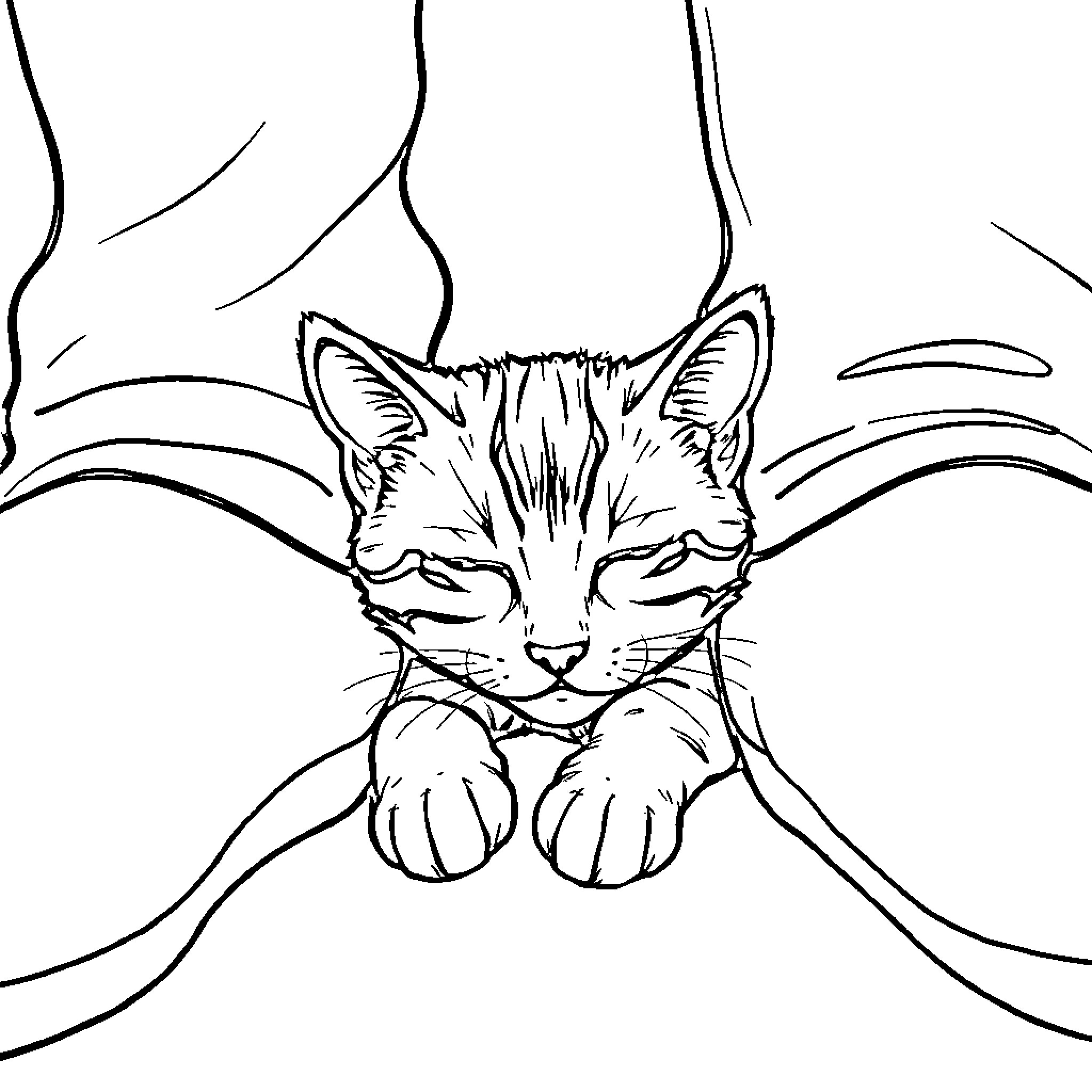 Cat resting peacefully in bed Coloring Page (free black-and-white line drawing printable PDF for all, from beginners to advanced learners, including children, teens, adults, and seniors)