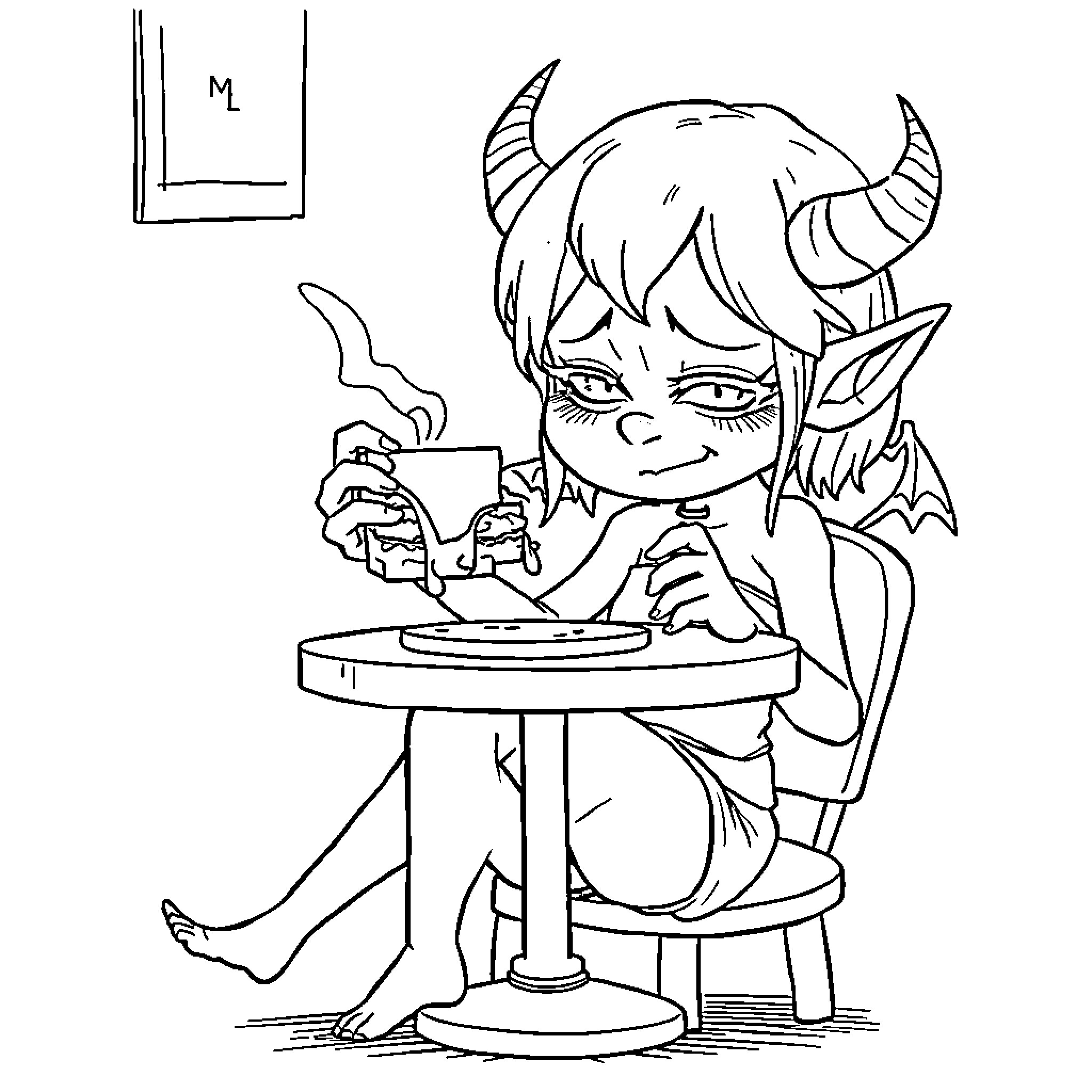 Demon Girl Studying Intently at Desk Coloring Page (free black-and-white line drawing printable PDF for all, from beginners to advanced learners, including children, teens, adults, and seniors)