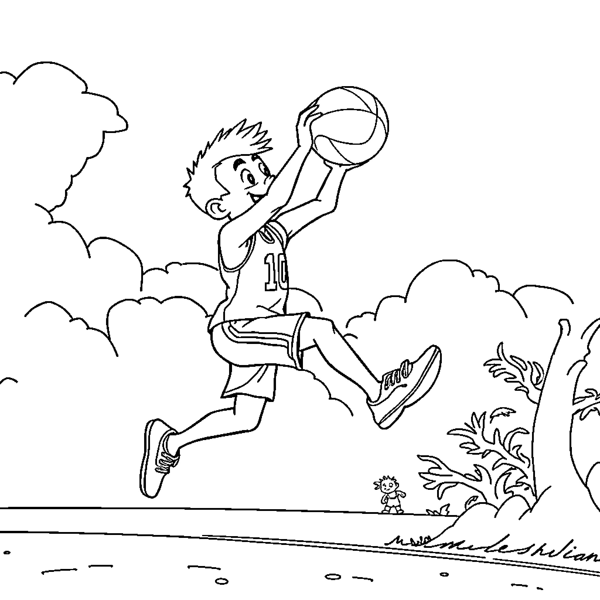Avatar of a Boy Jumping with a Basketball Coloring Page (free black-and-white line drawing printable PDF for all, from beginners to advanced learners, including children, teens, adults, and seniors)