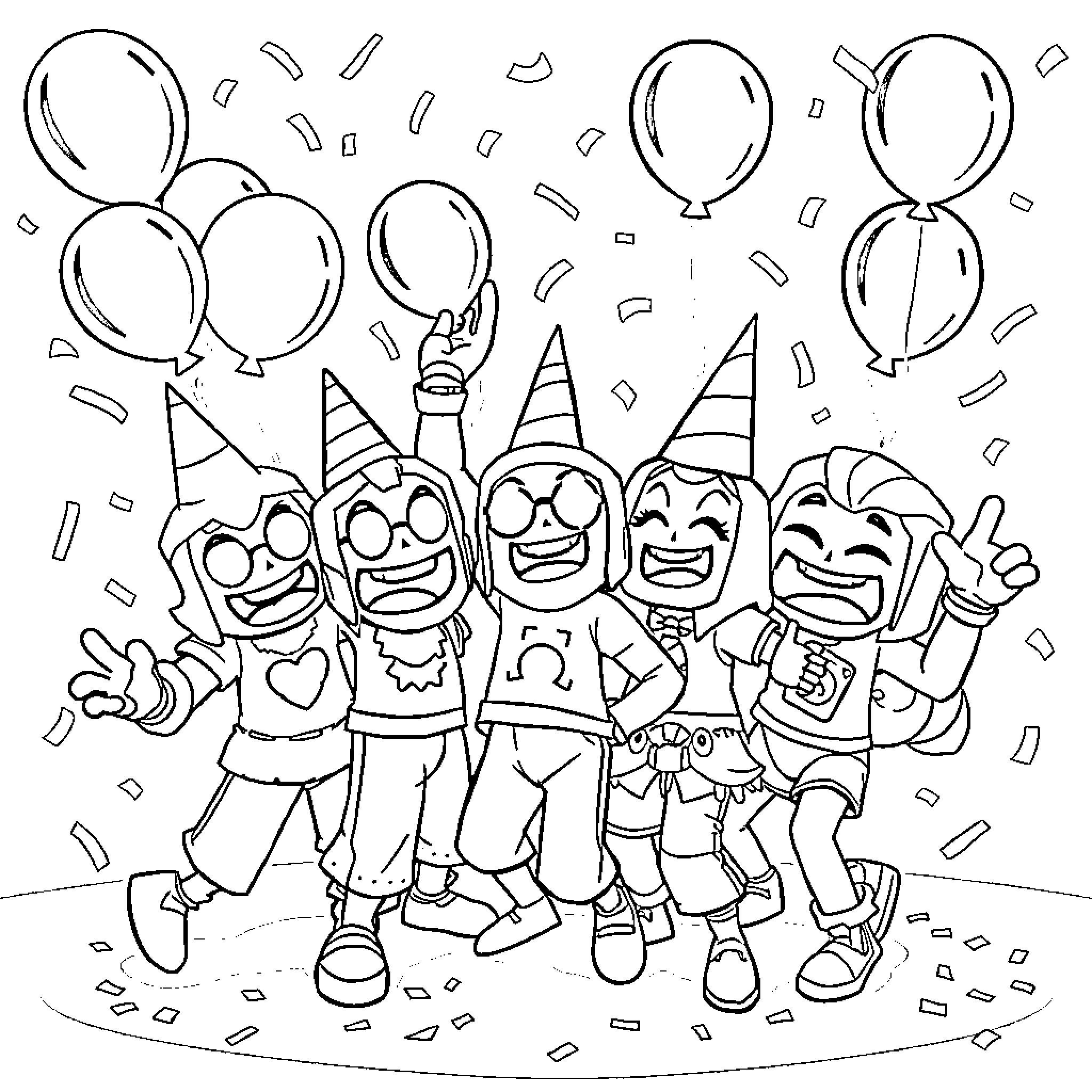 Brawl Stars Characters Celebrate Party with Balloons Coloring Page (free black-and-white line drawing printable PDF for all, from beginners to advanced learners, including children, teens, adults, and seniors)