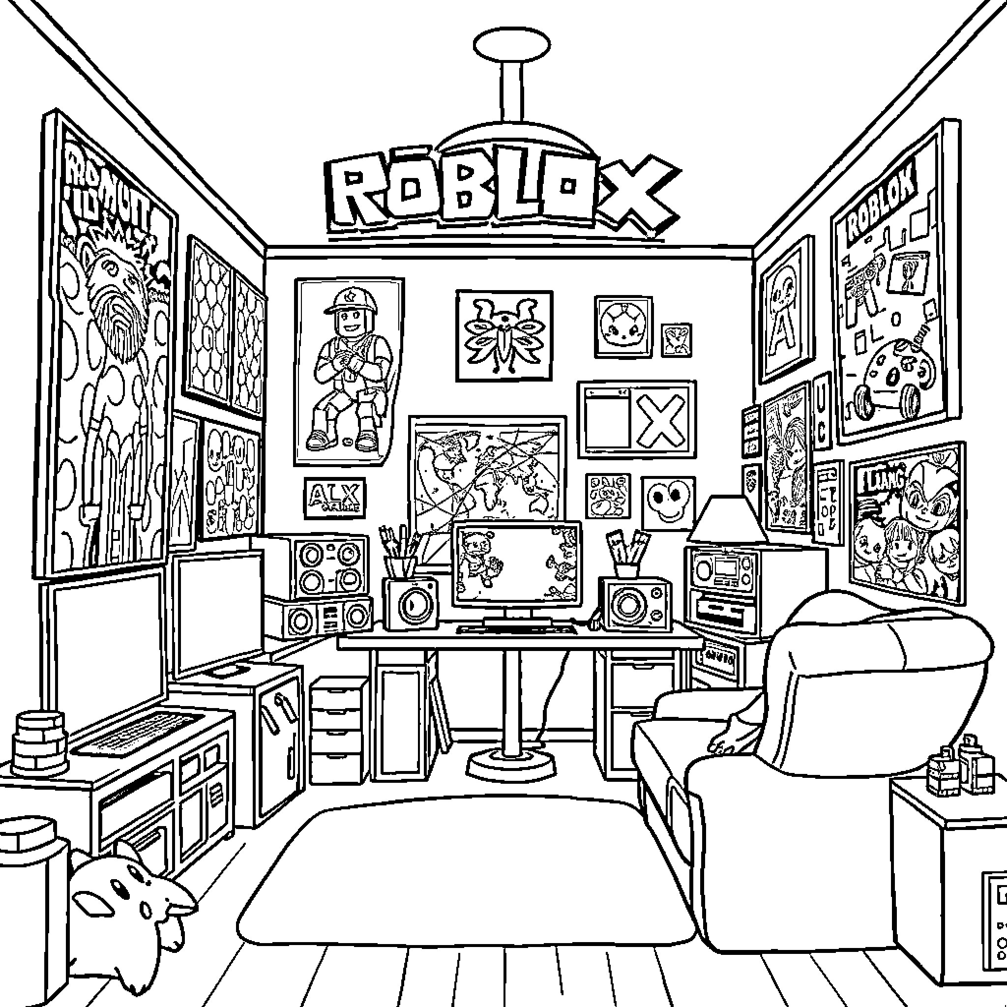 Roblox Gaming Room with Various Decor and Equipment Coloring Page (free black-and-white line drawing printable PDF for all, from beginners to advanced learners, including children, teens, adults, and seniors)
