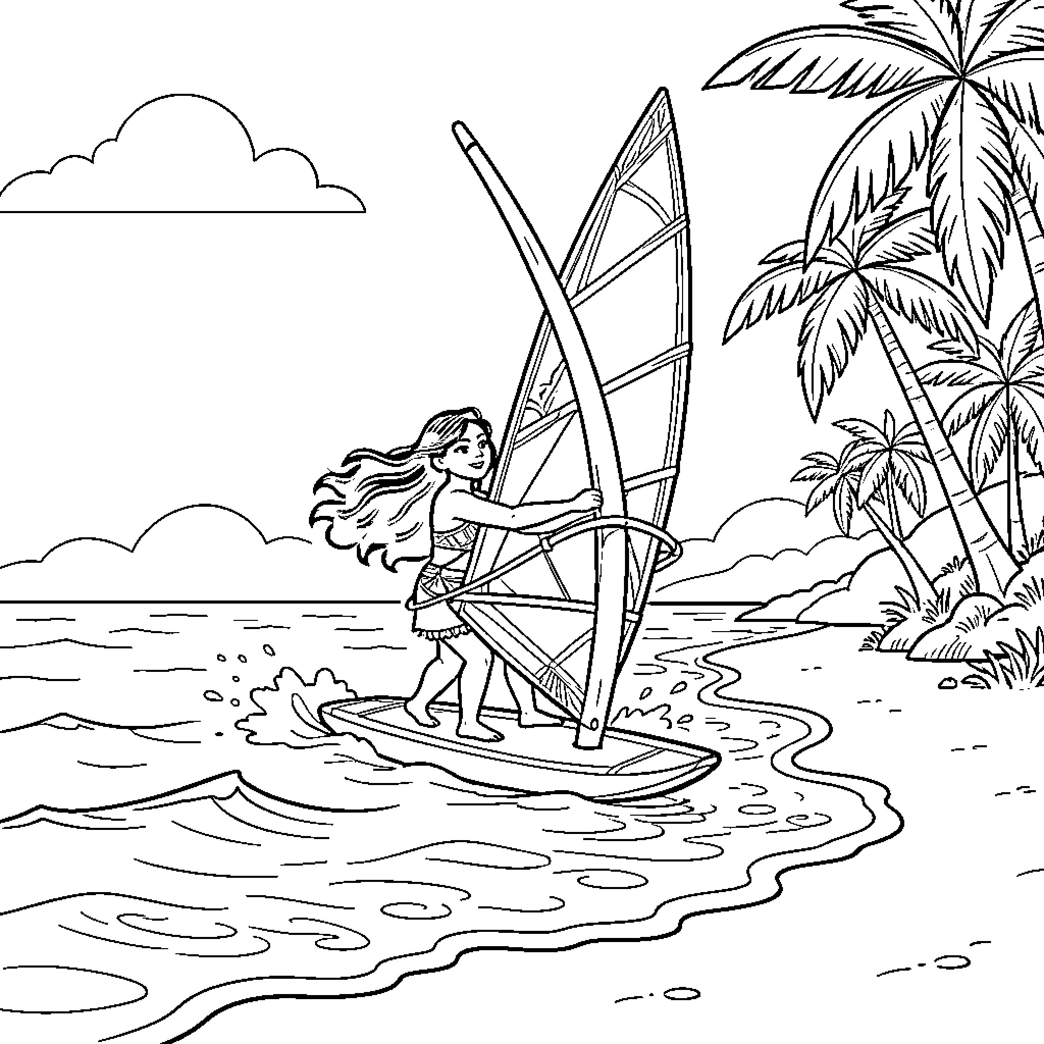 Moana windsurfing through ocean waves near a tropical island Coloring Page (free black-and-white line drawing printable PDF for all, from beginners to advanced learners, including children, teens, adults, and seniors)