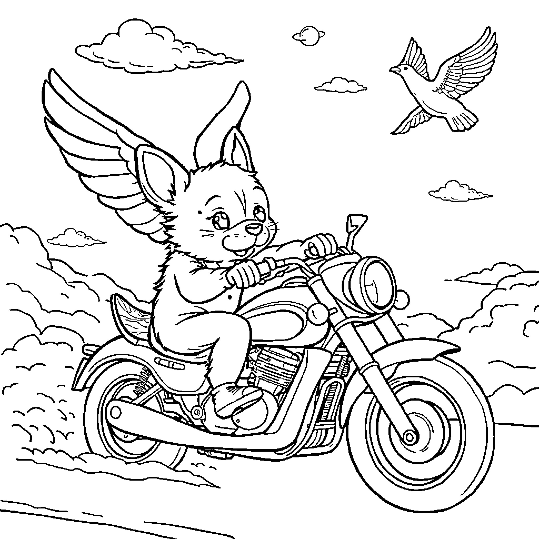 Cachorro riding motorcycle with wings in the sky Coloring Page (free black-and-white line drawing printable PDF for all, from beginners to advanced learners, including children, teens, adults, and seniors)