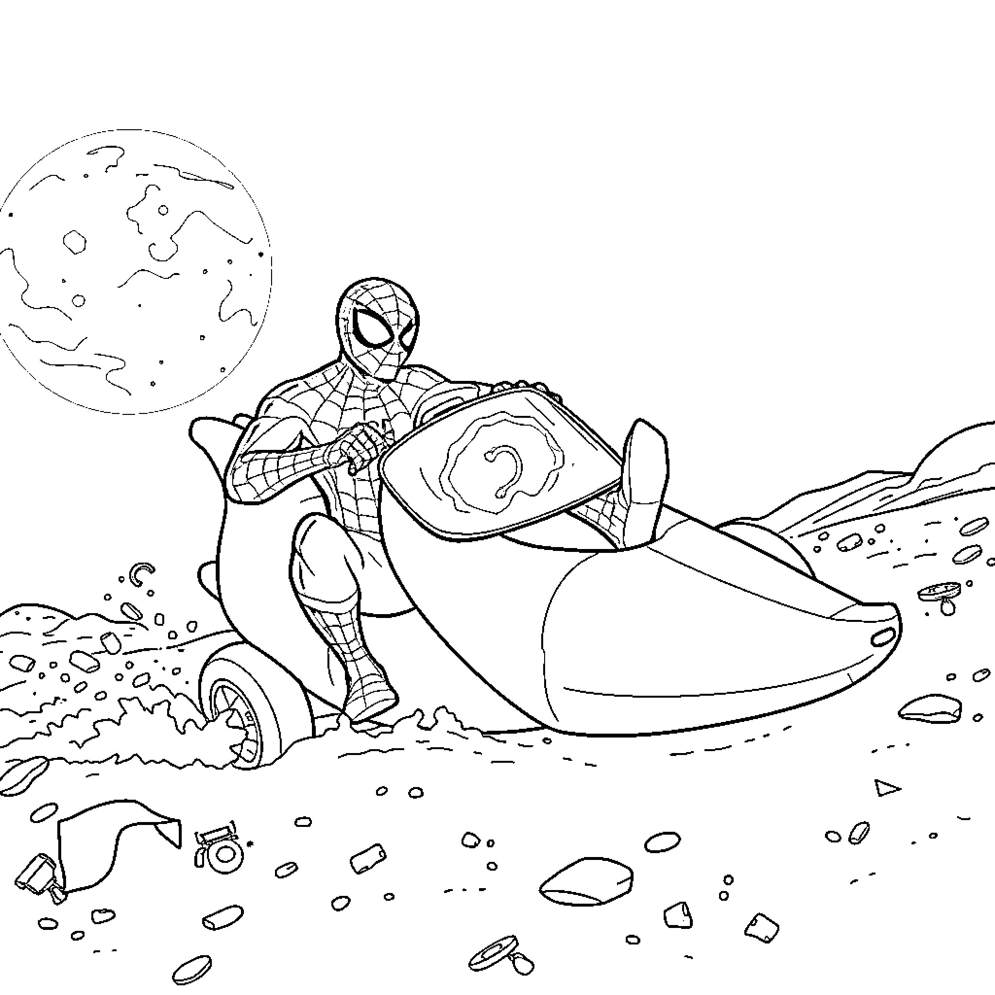 Spiderman explores the galaxy in his high-tech vehicle Coloring Page (free black-and-white line drawing printable PDF for all, from beginners to advanced learners, including children, teens, adults, and seniors)