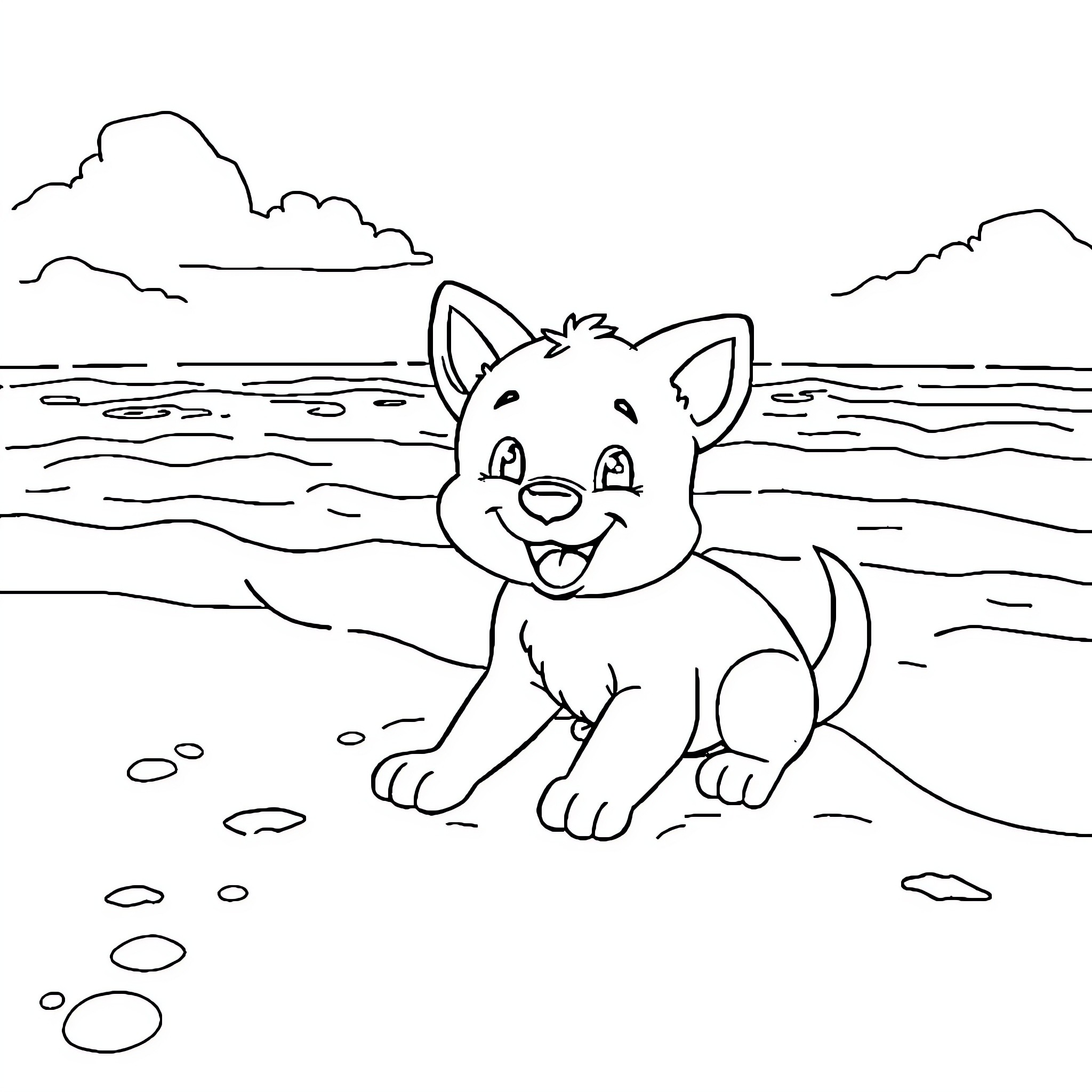 Bluey exploring the beach with joy Coloring Page (free black-and-white line drawing printable PDF for all, from beginners to advanced learners, including children, teens, adults, and seniors)