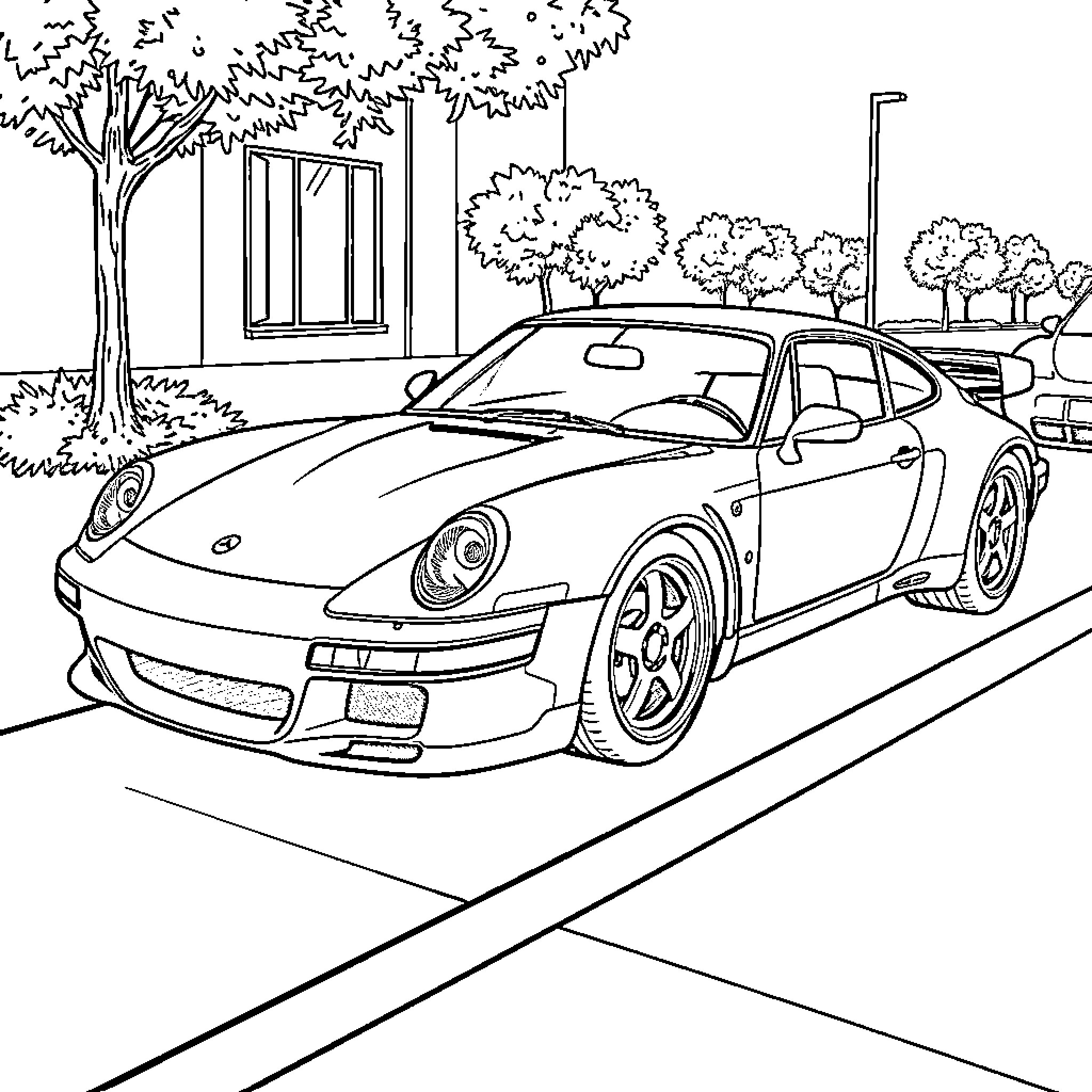 Car parked outside on a quiet street Coloring Page (free black-and-white line drawing printable PDF for all, from beginners to advanced learners, including children, teens, adults, and seniors)