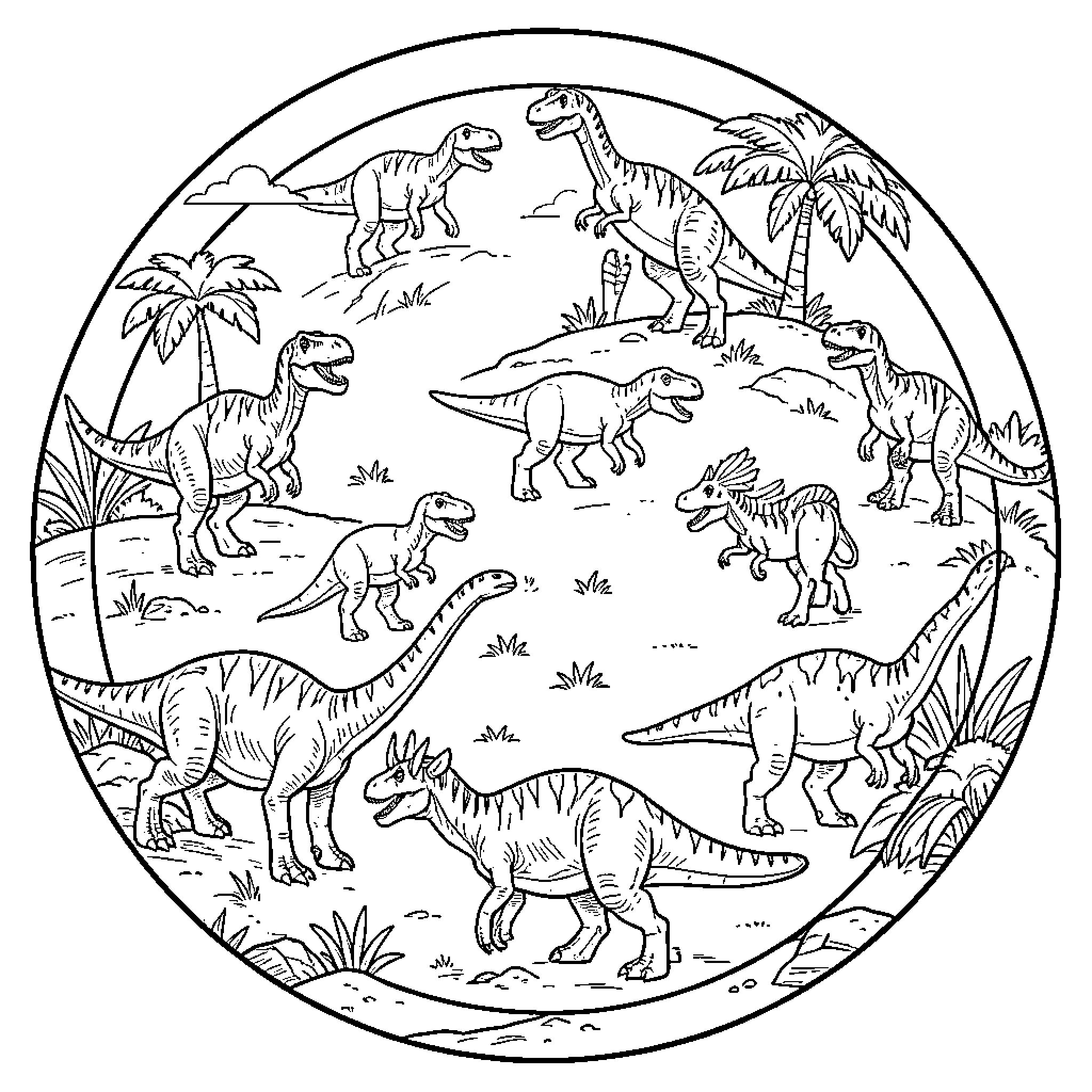 Dinosaur group roaming through a prehistoric landscape Coloring Page (free black-and-white line drawing printable PDF for all, from beginners to advanced learners, including children, teens, adults, and seniors)
