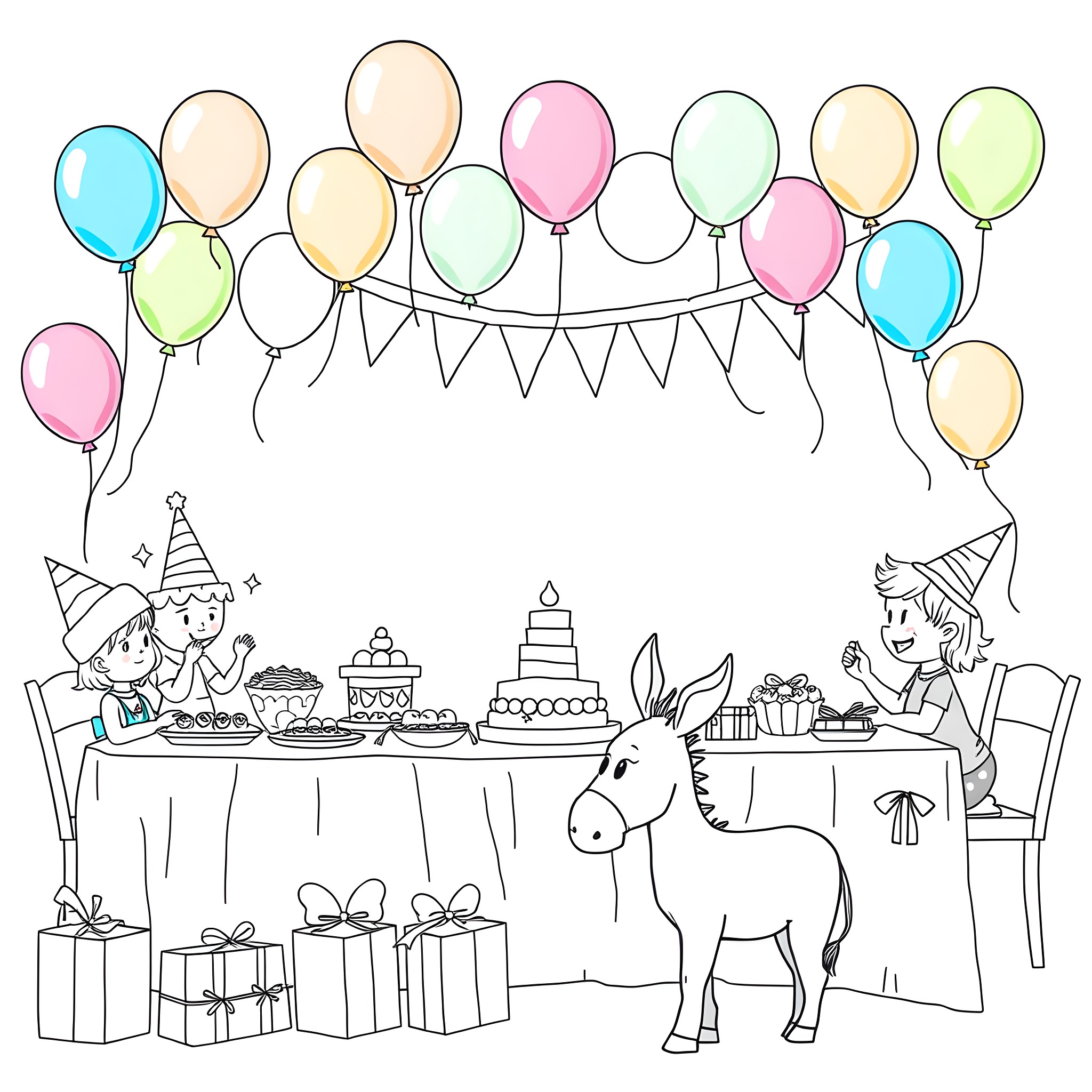 Party with Festive Balloons and Celebration Coloring Page (free black-and-white line drawing printable PDF for all, from beginners to advanced learners, including children, teens, adults, and seniors)