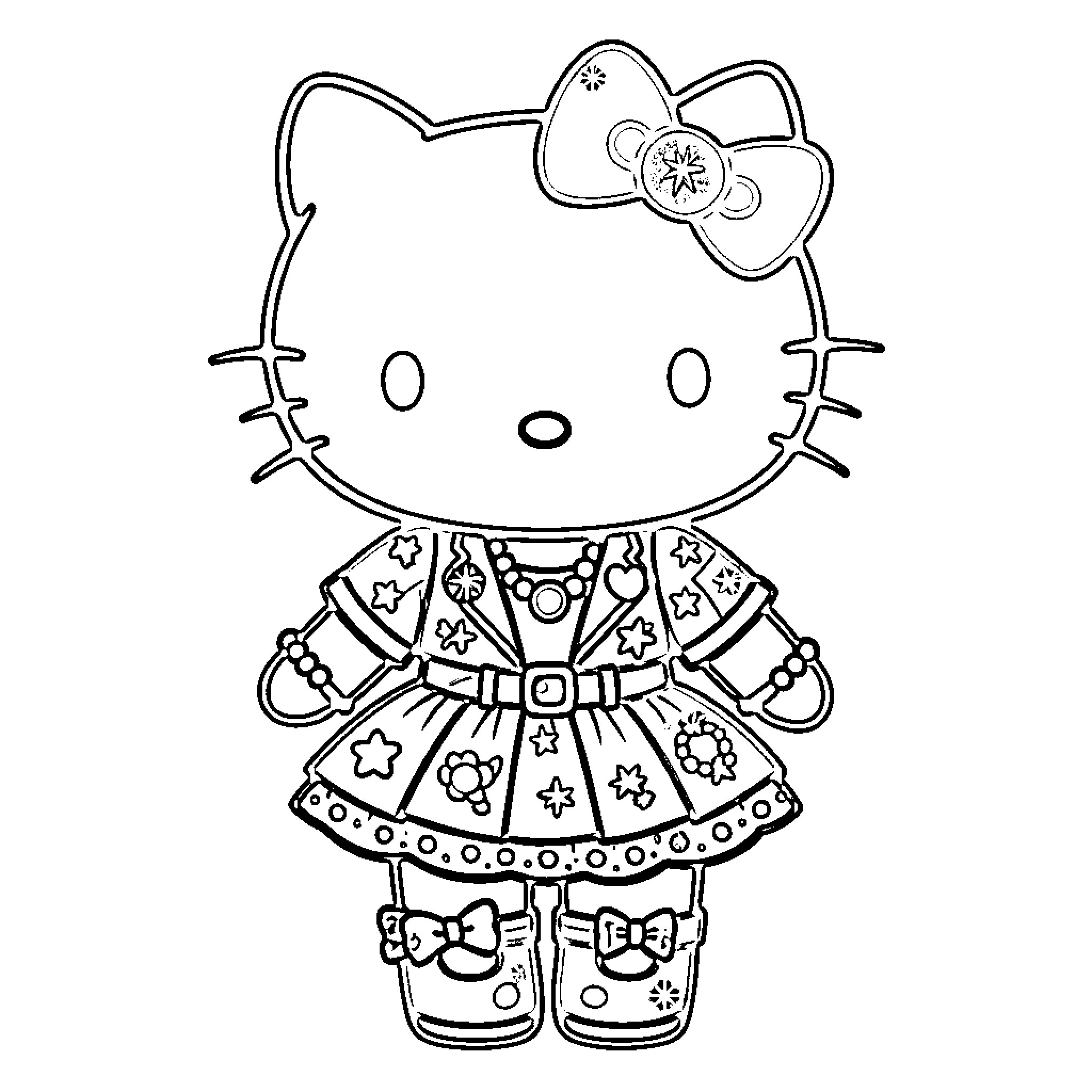 Hello Kitty in Patterned Dress and Accessories Coloring Page (free black-and-white line drawing printable PDF for all, from beginners to advanced learners, including children, teens, adults, and seniors)