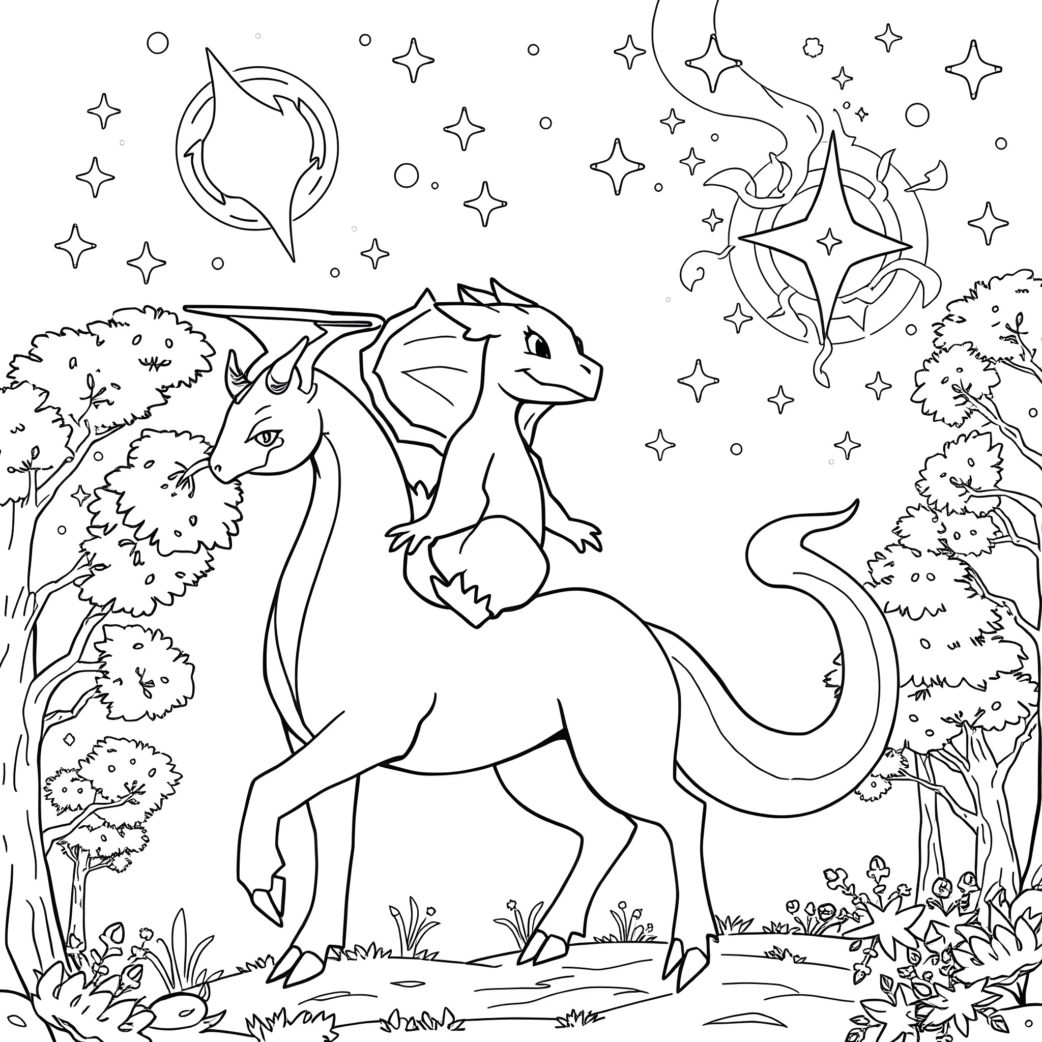 Charizard dragon soaring through the enchanted forest Coloring Page (free black-and-white line drawing printable PDF for all, from beginners to advanced learners, including children, teens, adults, and seniors)
