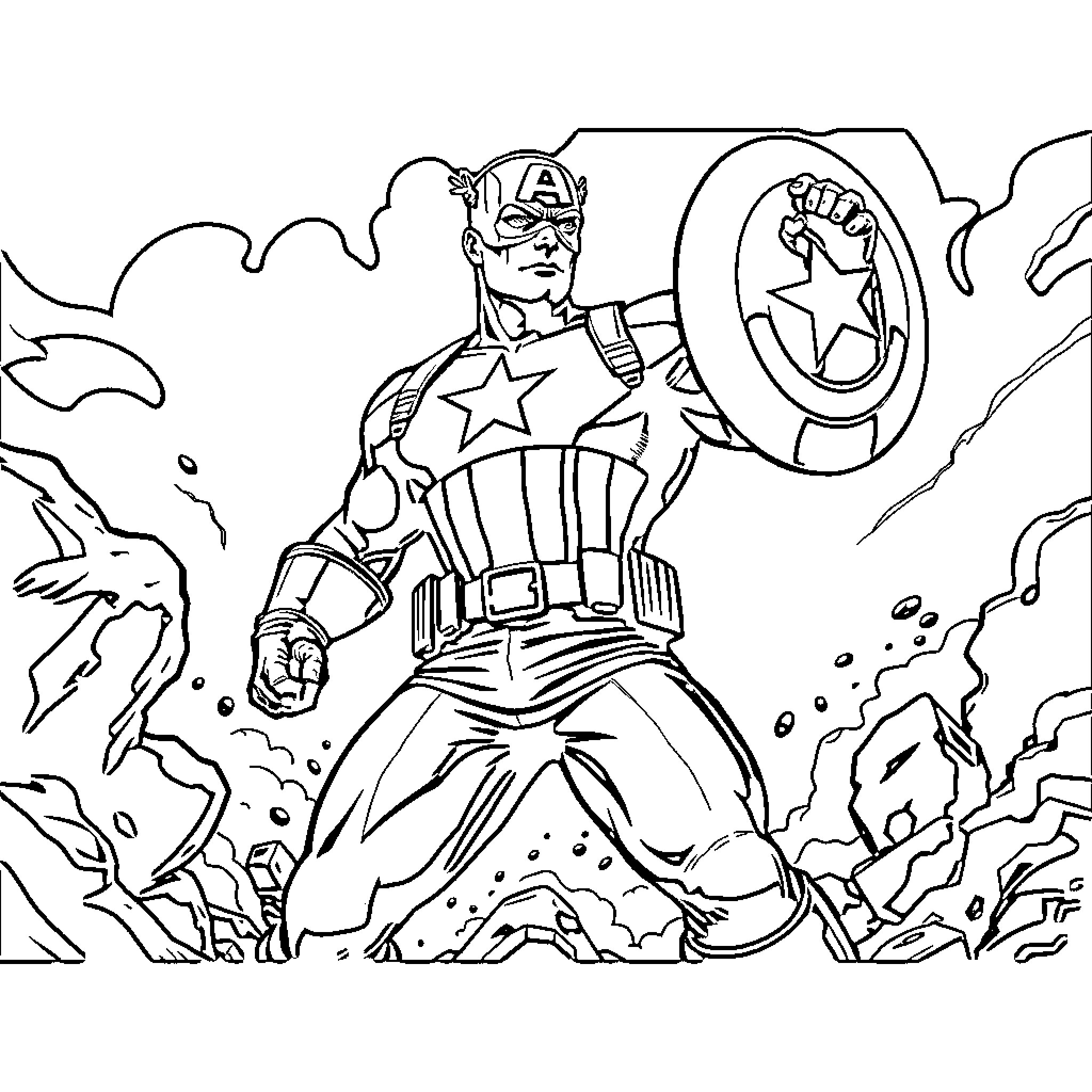 Captain America Battles with Heroic Stance Coloring Page (free black-and-white line drawing printable PDF for all, from beginners to advanced learners, including children, teens, adults, and seniors)