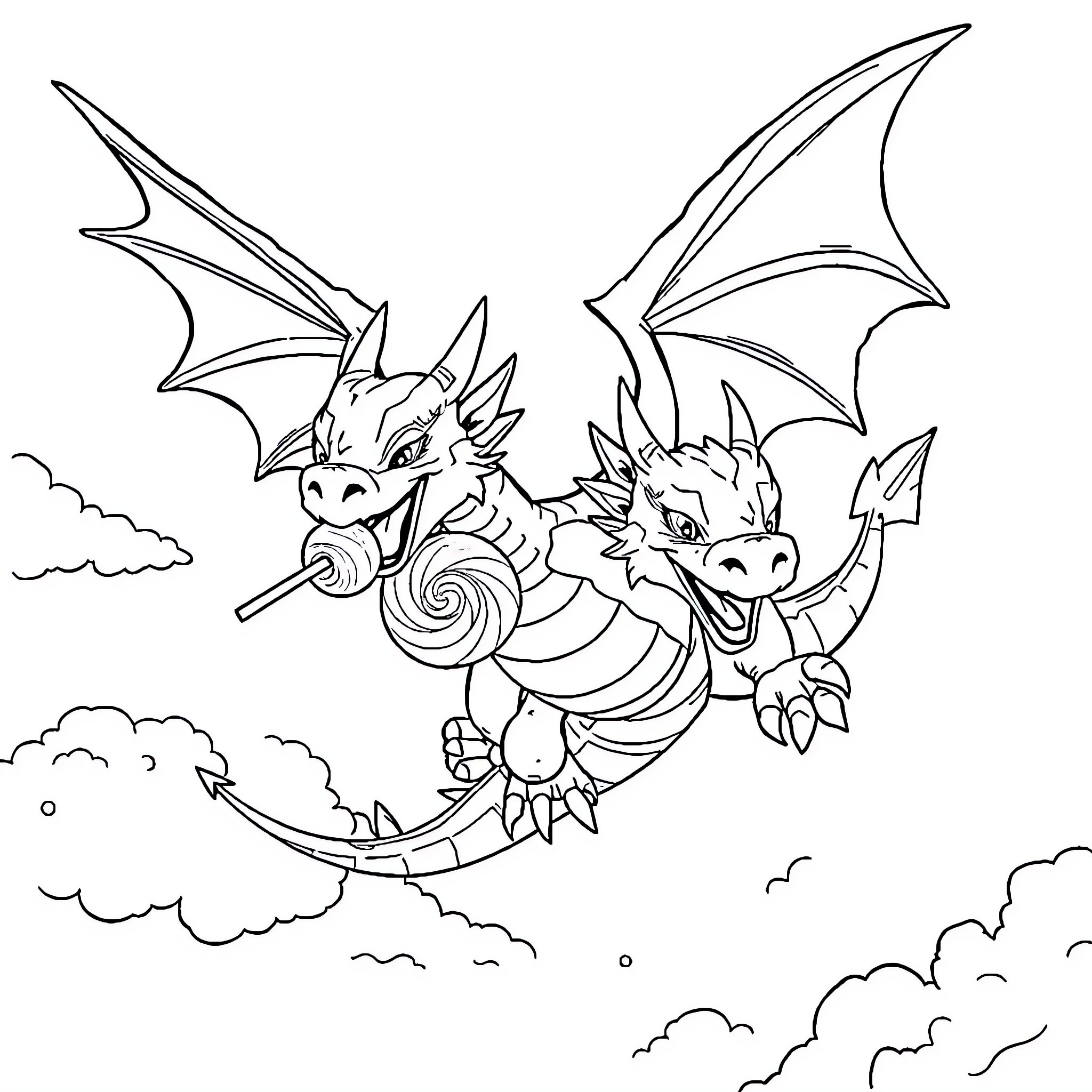 Dragon duo soaring through the clouds Coloring Page (free black-and-white line drawing printable PDF for all, from beginners to advanced learners, including children, teens, adults, and seniors)