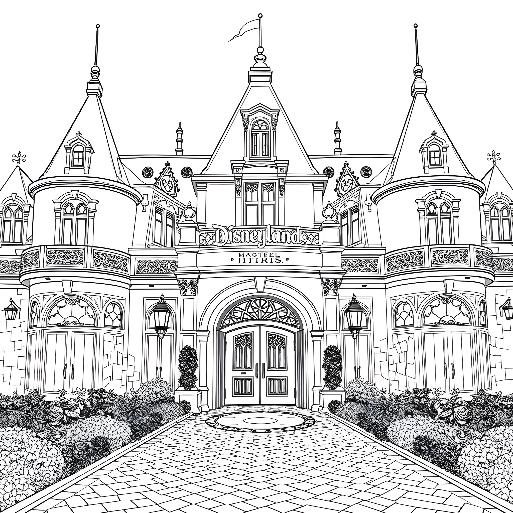 Disneyland Paris Hotel with Ornate Architecture and Decorations Coloring Page (free black-and-white line drawing printable PDF for all, from beginners to advanced learners, including children, teens, adults, and seniors)