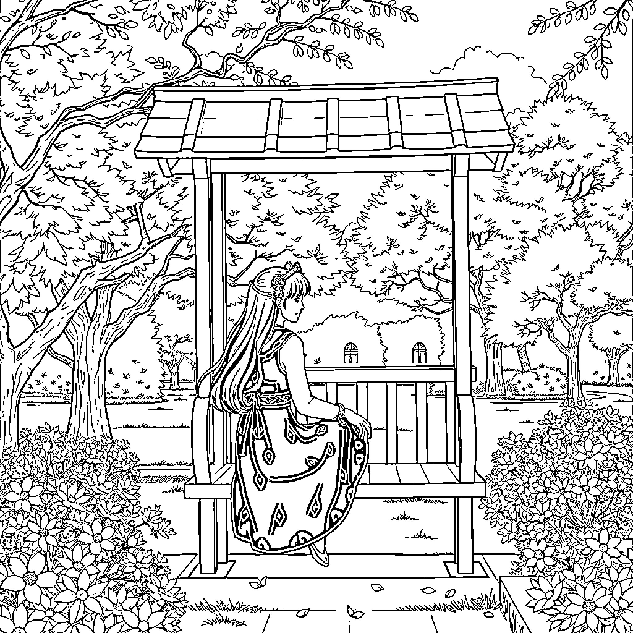 Nezuko relaxing in a secluded garden gazebo Coloring Page (free black-and-white line drawing printable PDF for all, from beginners to advanced learners, including children, teens, adults, and seniors)