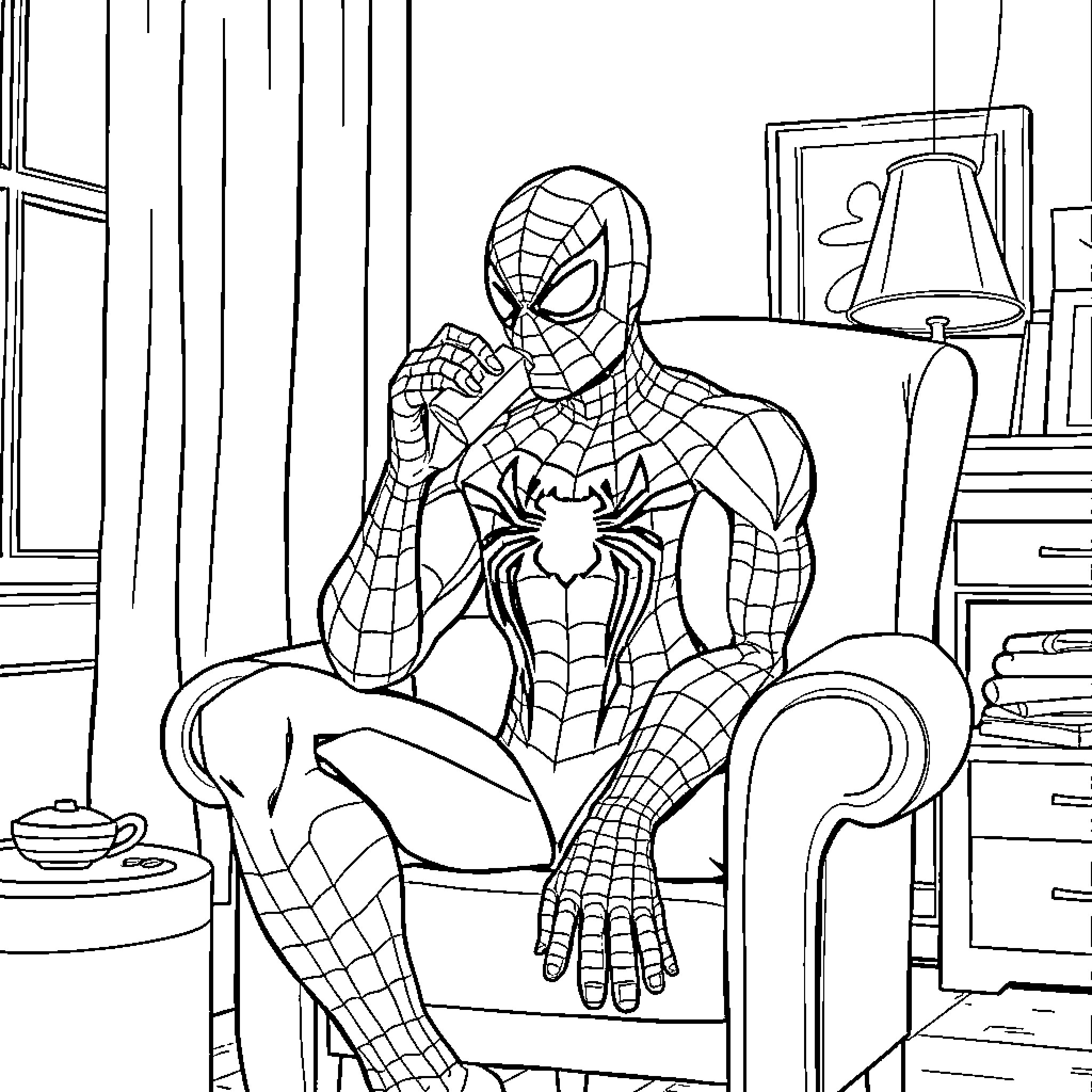 Spiderman relaxing in his lair Coloring Page (free black-and-white line drawing printable PDF for all, from beginners to advanced learners, including children, teens, adults, and seniors)