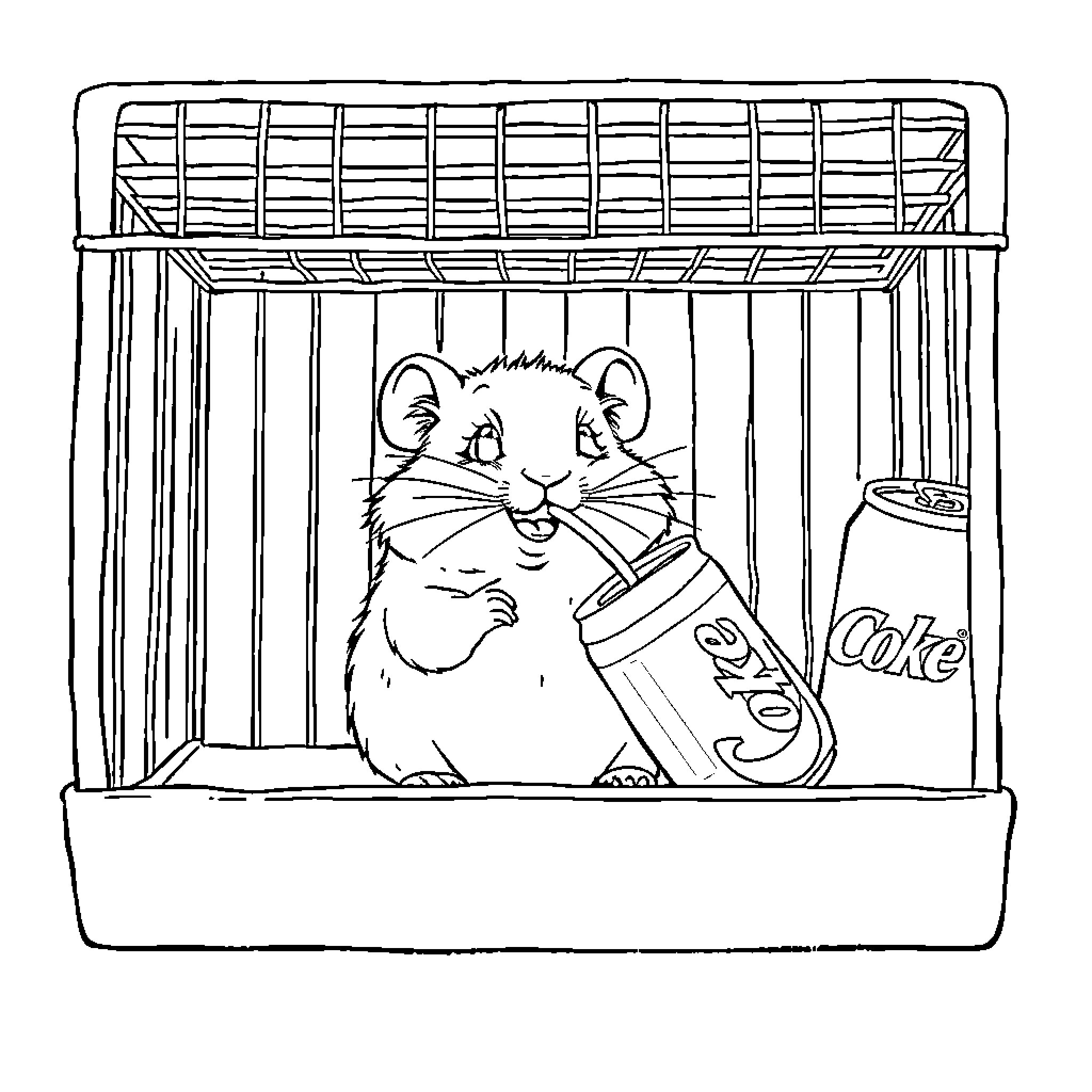 Hamster enjoying a refreshing soda Coloring Page (free black-and-white line drawing printable PDF for all, from beginners to advanced learners, including children, teens, adults, and seniors)