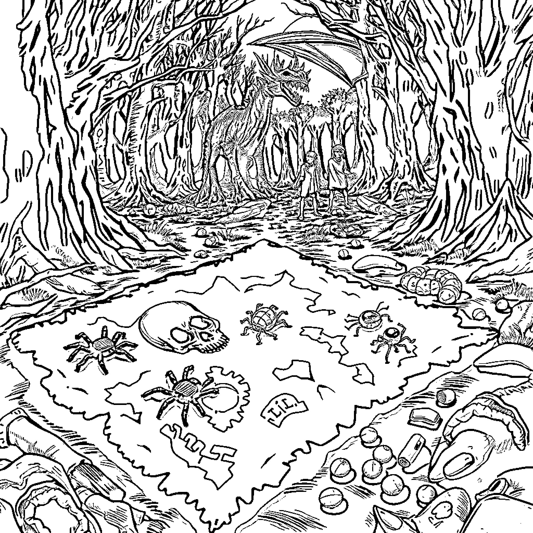 Treasure hunt in a mystical forest Coloring Page (free black-and-white line drawing printable PDF for all, from beginners to advanced learners, including children, teens, adults, and seniors)