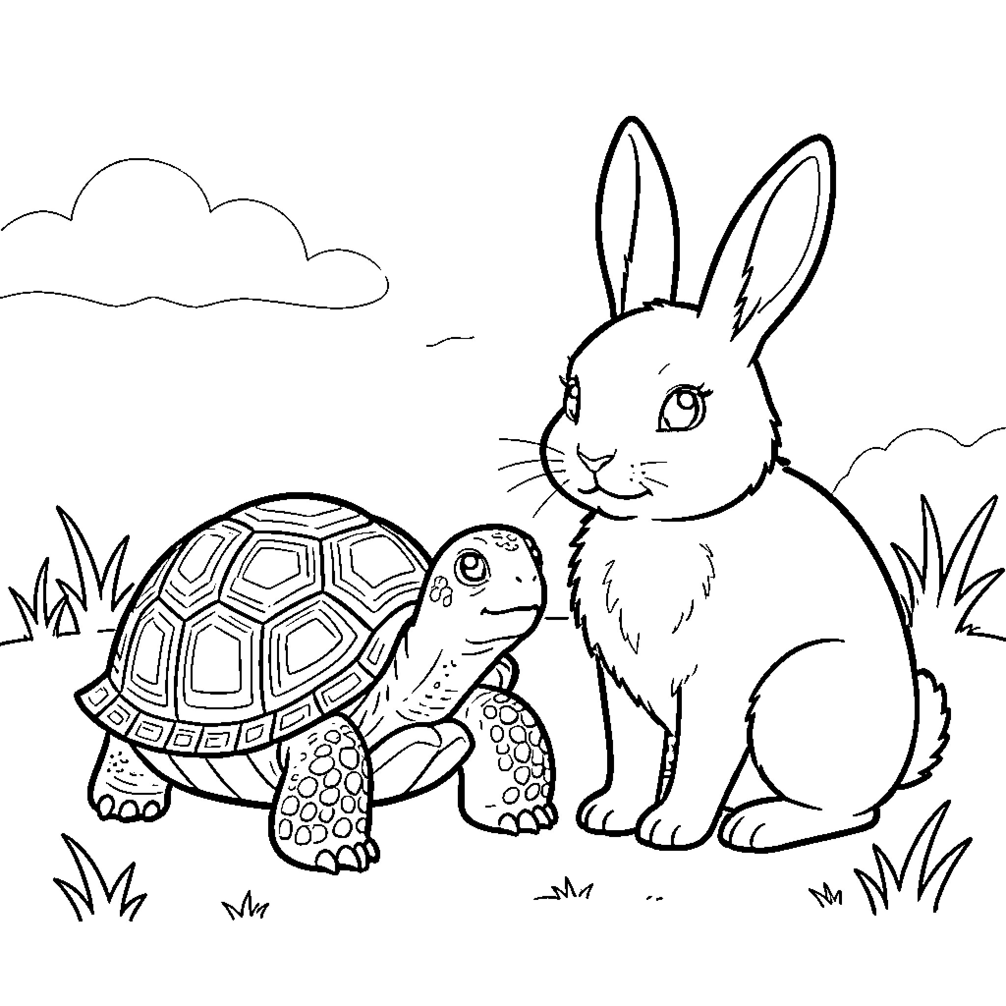 Turtle and rabbit interacting in a grassy field Coloring Page (free black-and-white line drawing printable PDF for all, from beginners to advanced learners, including children, teens, adults, and seniors)