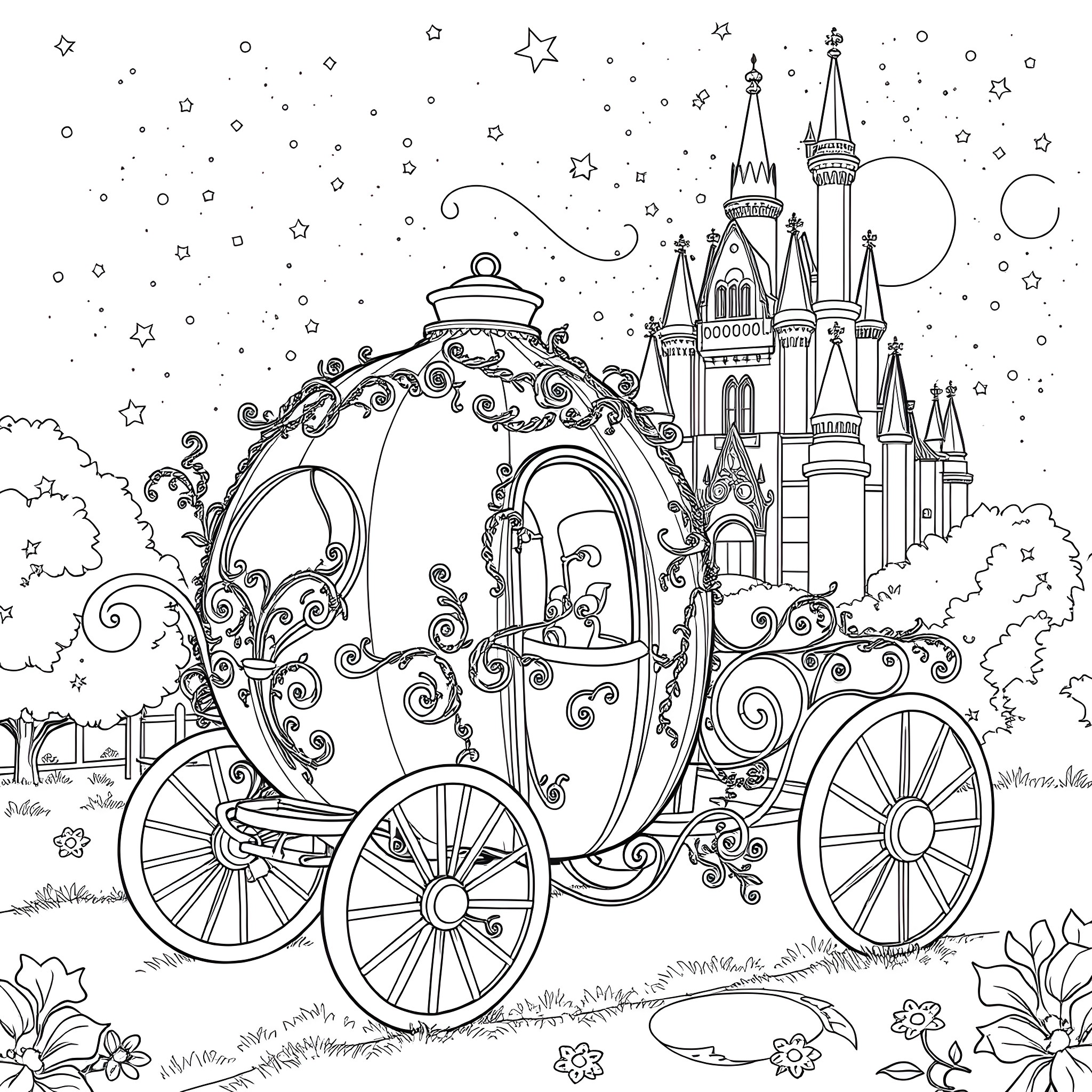 Cinderella's enchanted carriage and castle Coloring Page (free black-and-white line drawing printable PDF for all, from beginners to advanced learners, including children, teens, adults, and seniors)